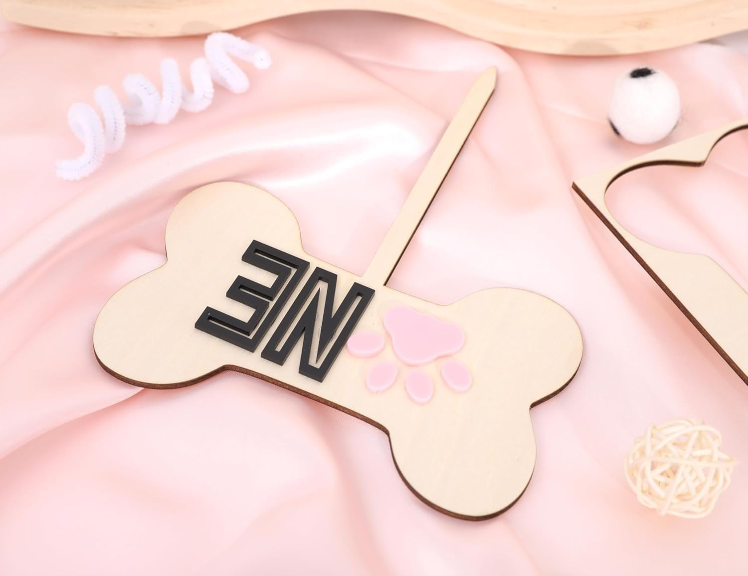 ONE Dog Bone Wooden Cake Topper &ndash; Pink Paw First Birthday Decoration &ndash; Rustic Cake Sign for Baby or Pet-Themed Party &ndash; 7 Inch