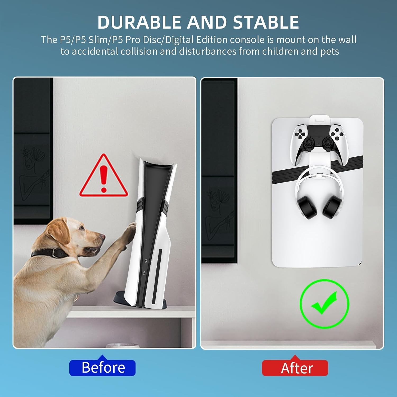 Wall Mount for PS5/ PS5 Slim/ PS5 Pro Console, Sturdy Steel Vertical Wall Mount Bracket Kit with Controller Holder & Headphone Storage Hanger for PS5 Slim Pro (White) - Black image number 7