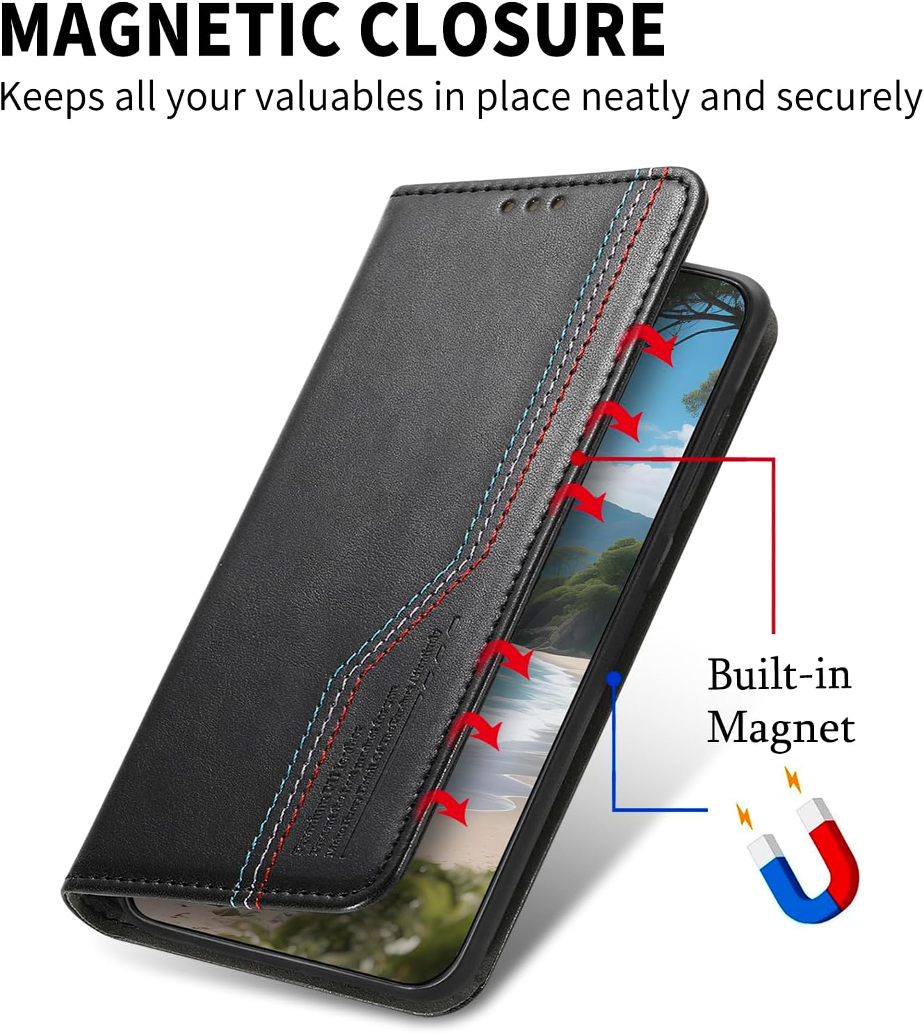 PEIYE Case for Oppo A40 4G / A40M / Oppo A60 5G - Premium PU Leather Flip Wallet Cover, Shockproof Magnetic Closure, Foldable Kickstand, Card Holder - Black - Green image number 7