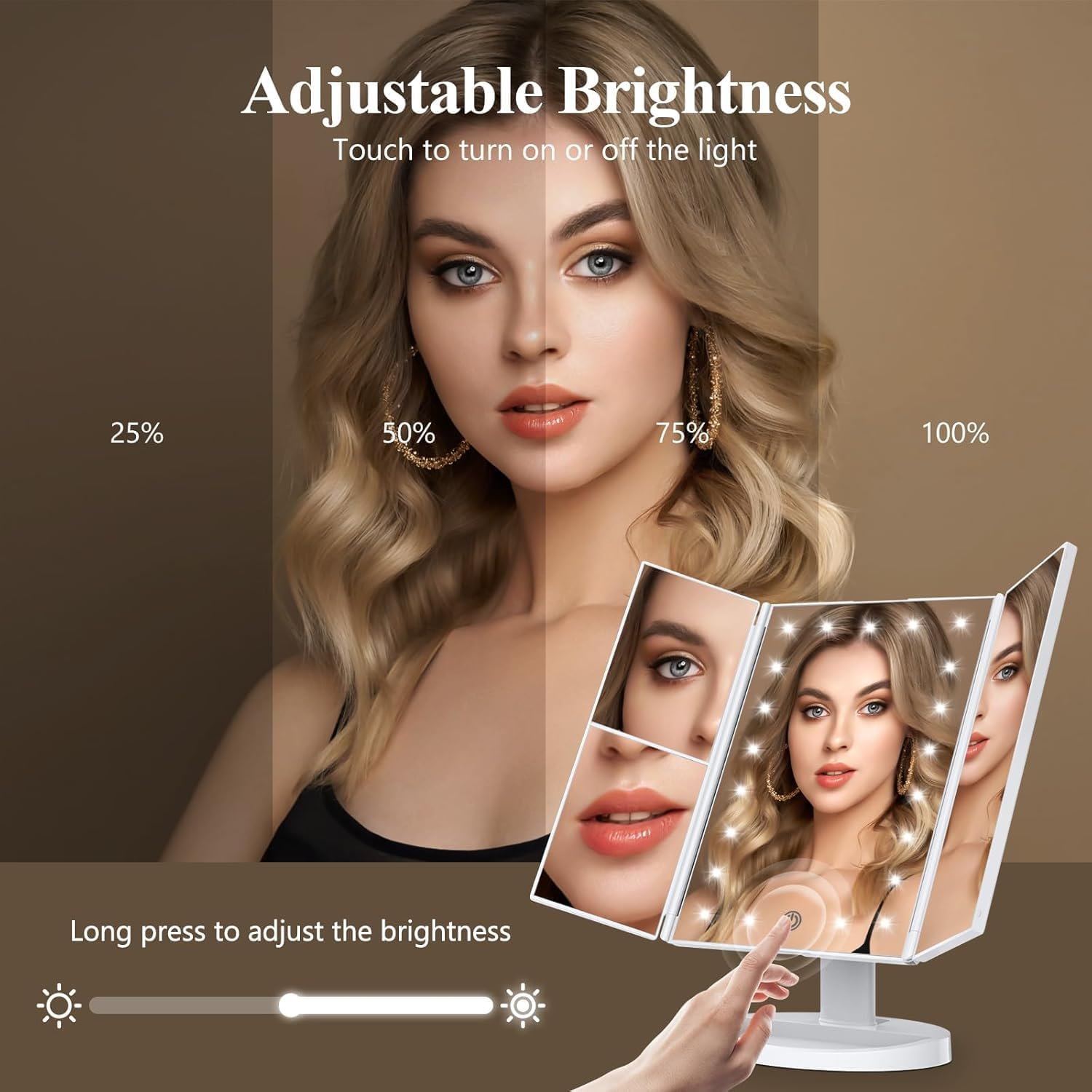 Vanity Mirror with Lights - 2X, 3X, 10X Magnification, Touch Control, Trifold, Dual Power, Portable LED - Women'S Gift (White) image number 2
