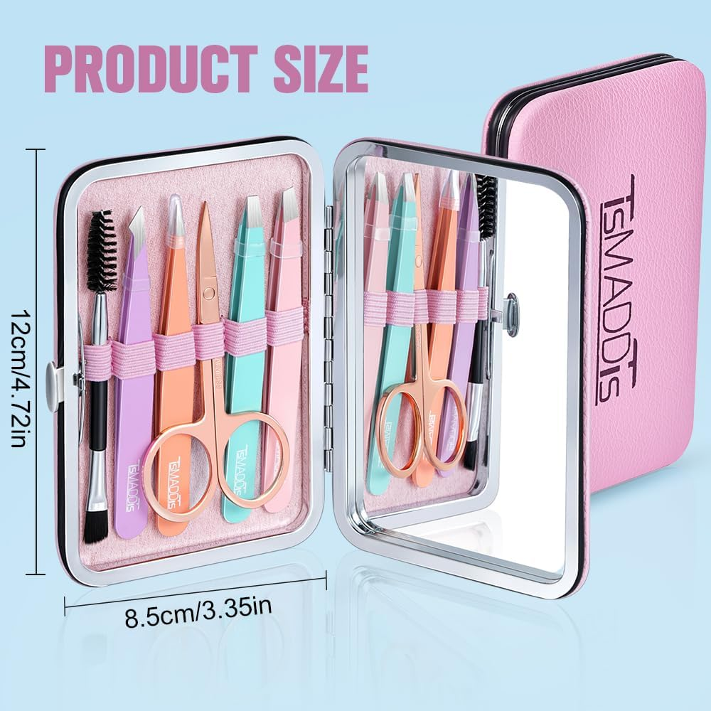 Tsmaddts Tweezers for Women Facial Hair - Precision Tweezers Set with Travel Case - Stainless Steel with Scissor, Mirror image number 2