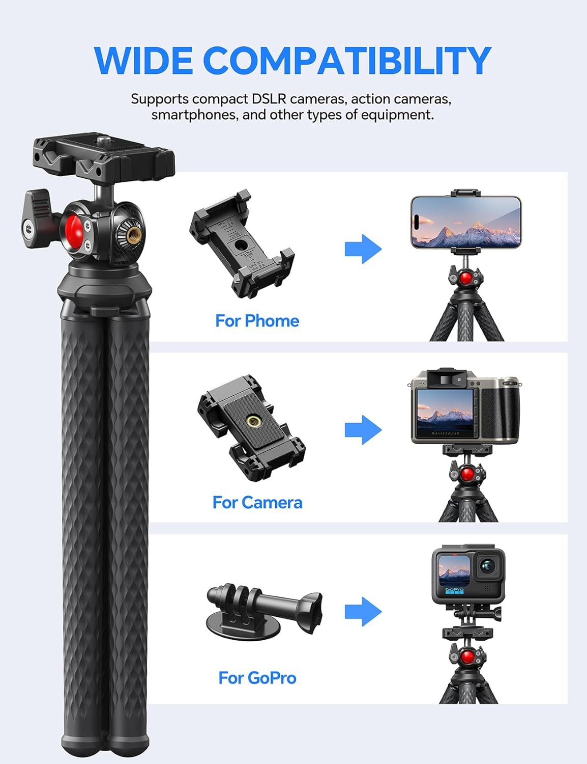 Coolpow Phone Tripod - 3 in 1 Phone Mini Flexible Tripod Stand with Wireless Remote & Action Camera Adapter, Phone Camera Stand for Video Recording Selfie Compatible with Iphone Galaxy Go Pro Camera image number 1