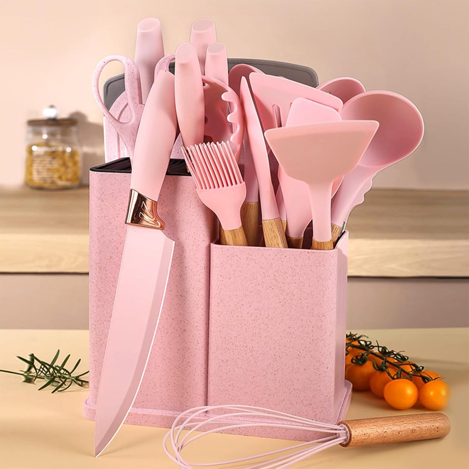 Kitchen Knife Set with Block, Retrosohoo Pink 19PC Silicone Kitchen Utensil Set and Stainless Steel Knife Set, Non-Stick Sharp Chef Knife and Cooking Utensils Set for Women Family (Pink) image number 6