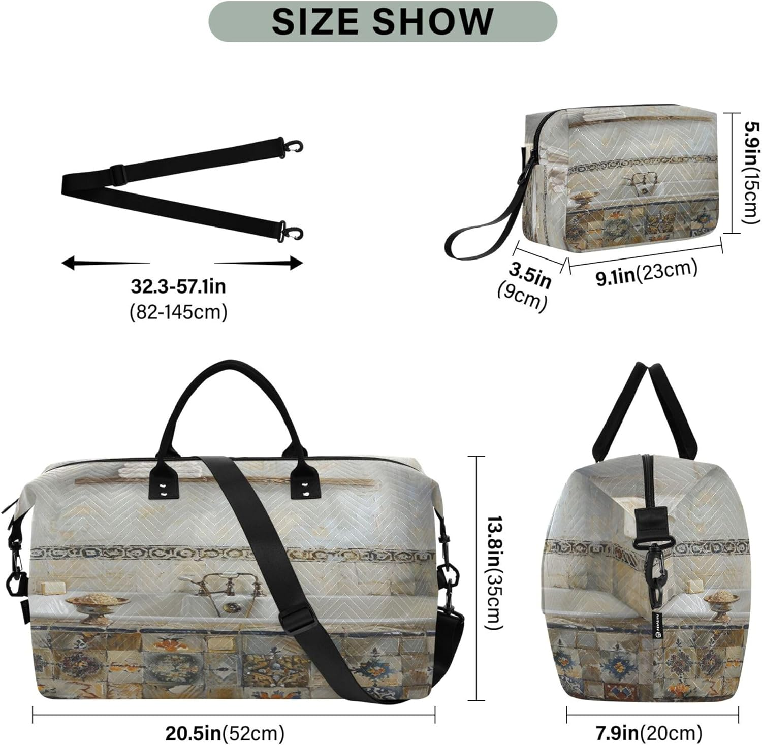 Duffel Bags Sport Training Bag Overnight Bag with Toiletry Bag for Travel Large Capacity Elegant Bathtub with Vintage Tiles, Multi, One Size, Modern/Fitted, Multi, One Size, Modern/Fitted image number 4