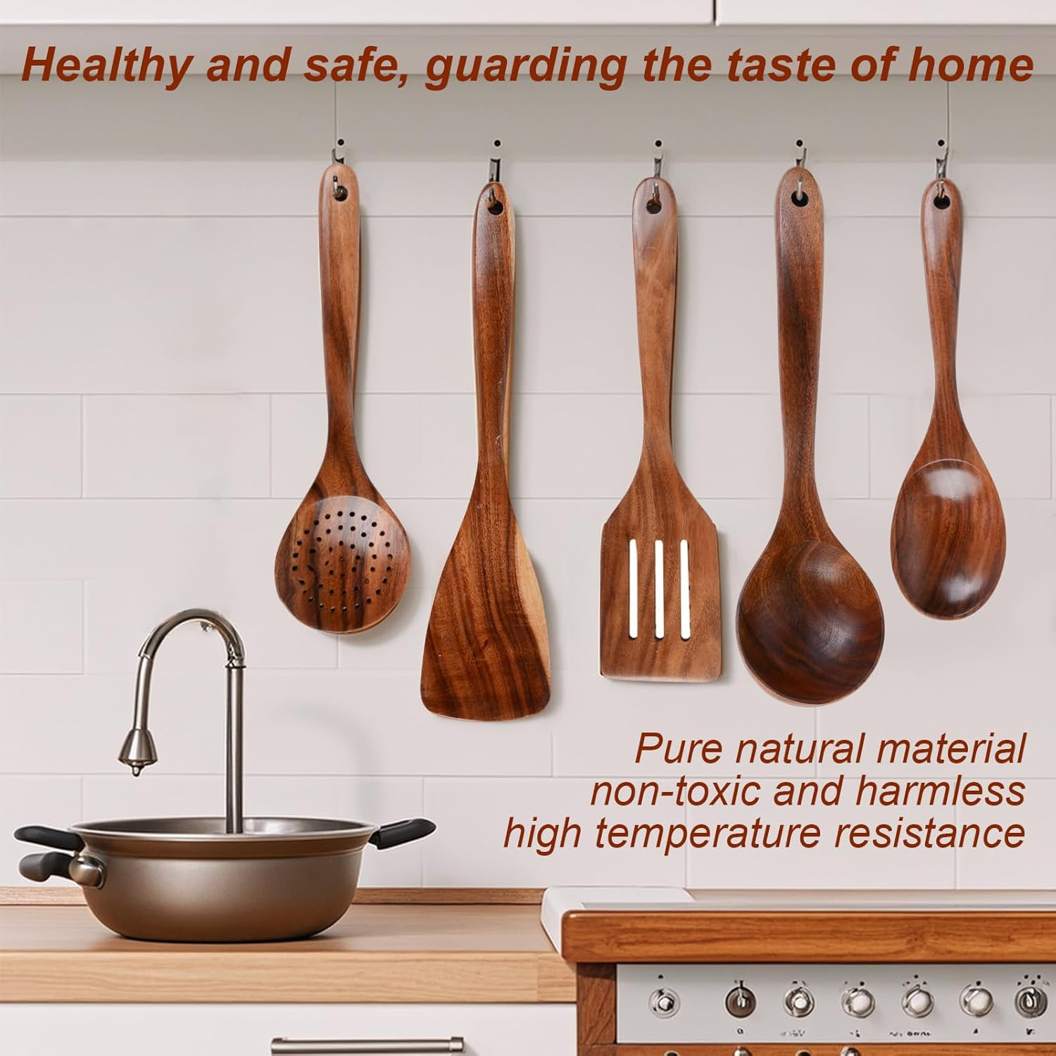 6 Piece Natural Acacia Wooden Kitchen Utensil Set, Comfortable Grip Cooking Spoons & Tools Includes Wooden Spatula Spoon and Utensils Holder image number 4
