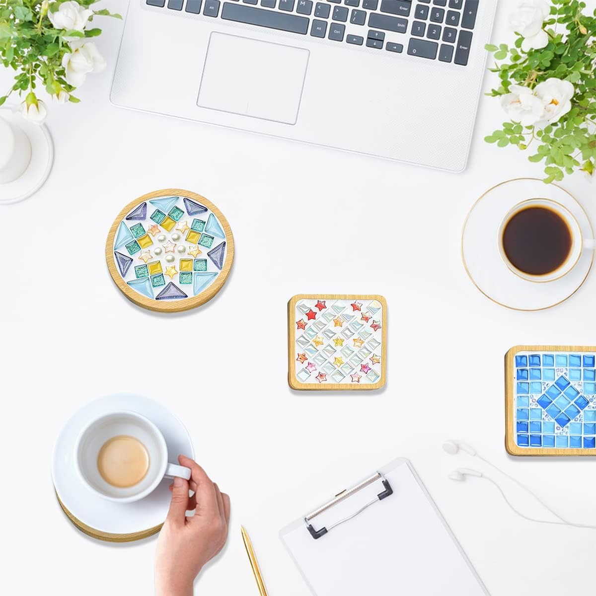 WATHFKCU 4 Sets DIY Glass Mosaic Tiles for Crafts,Mixed Color Mosaic Kits with Wooden Coaster for Adults,Mosaic Crafts Materials Package for Coaster Handmade Home Decor Gifts image number 6