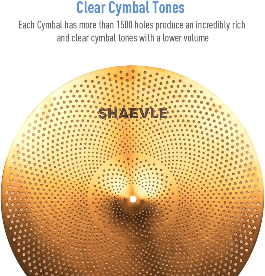 SHAEVLE Low Volume Cymbal Pack Golden Mute Cymbal 14"Hi-Hat+16"Crash+18'Crash+20"Ride Quiet Drum Cymbal Pack for Practice