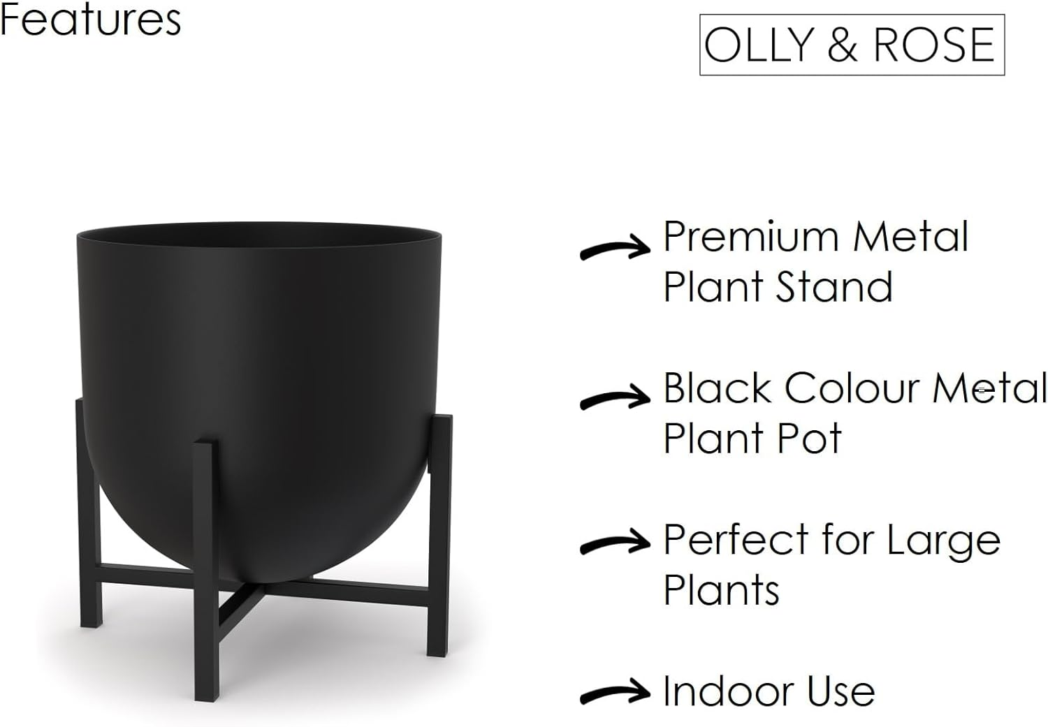 Olly & Rose XL Black Plant Pot with Plant Stand - Metal Plant Pots Indoor Planter 28Cm 11 Inch Large Flower Pot (Black, 28 Cm with Stand) image number 6