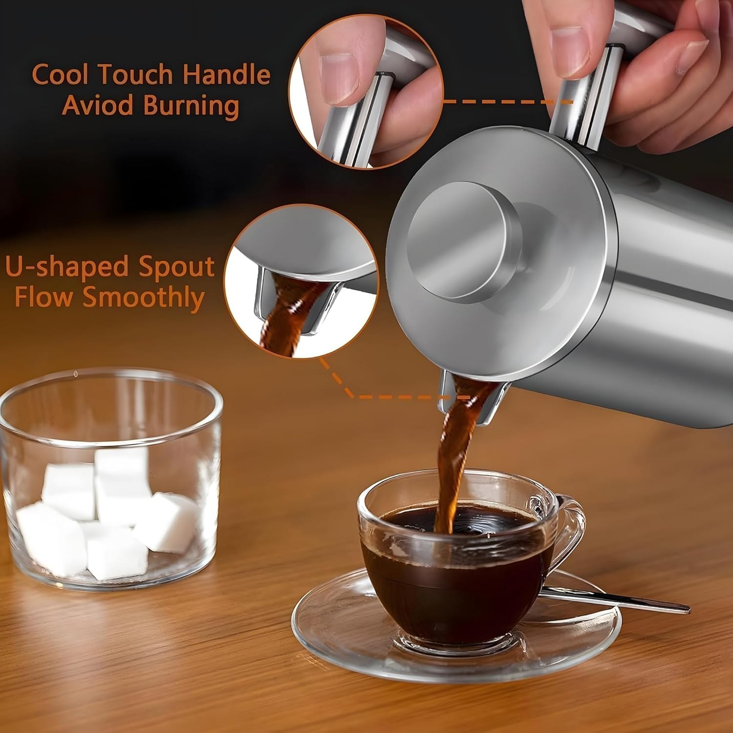 WORBIC French Press Coffee Maker, 34 Ounce Double-Wall Insulated Stainless Steel, 3 Level Filtration System with 3 Extra Filter Screens, French Press for Home, Camping and Office, Silver image number 6