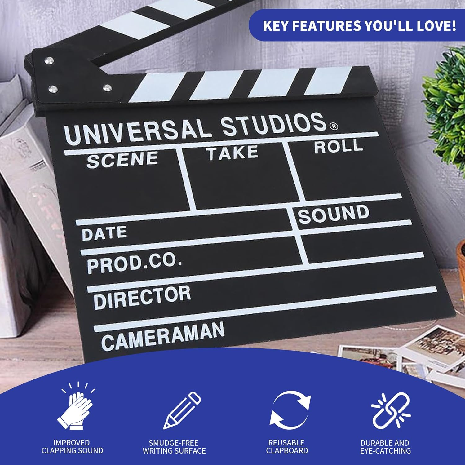 30 * 27CM Wooden Movie Film Clap Board, Writable Movie Clapboard, Professional Directors Clapboard Film Clapper, Cut Action Scene Board, Movie Clapboard Props Board for Movies Films Photo (Large) image number 1