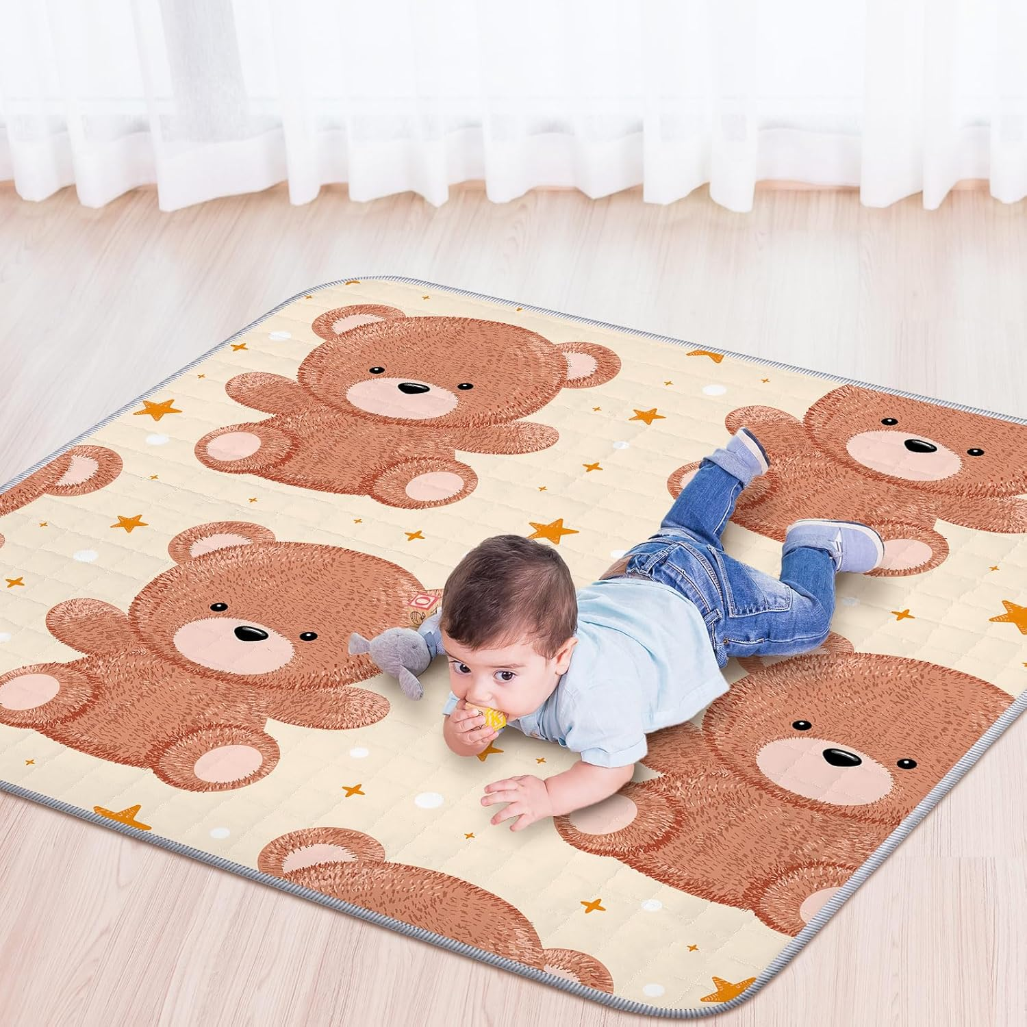 Funtery 43 X 43 Inch Boho Baby Play Mat Portable Crawling Washable Foldable Tummy Time Non Slip Baby Floor Large Playpen Mat for Infants Toddlers Floor Playpen Activity(Bear) - Mallard Duck image number 5