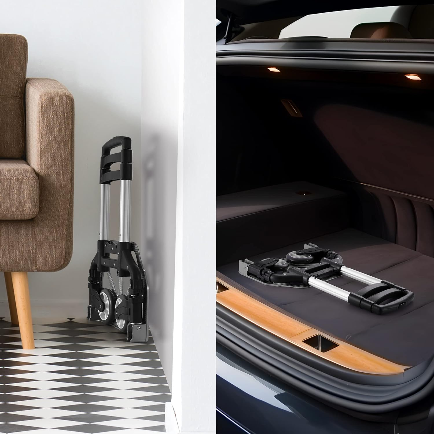 Caflower Aluminium Portable Folding Trolley, 3-Position Folding Pulley Handles, 175 Lbs Load Capacity, PVC Wheels, Home, Office, Travel Use image number 2