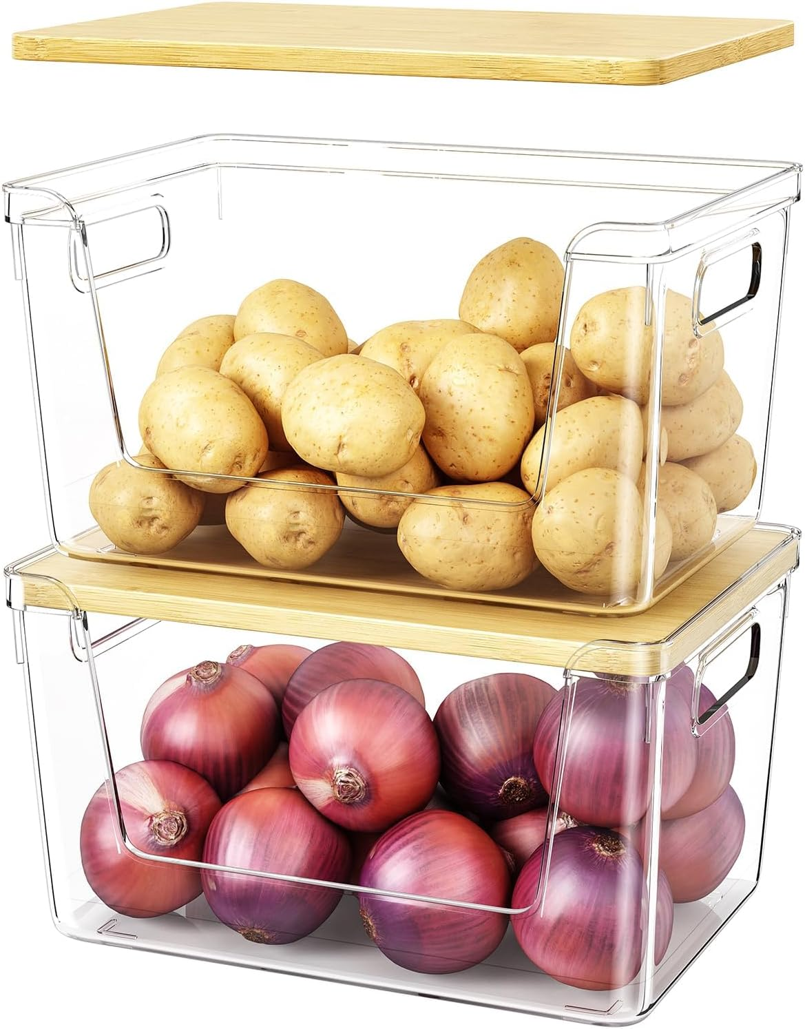 2 Set Pantry Organizer and Stackable Storage Kitchen,Sturdy and Durable Storage Basket for Potato, Onion, Garlic, Fruit, Vegetable, Produce, Clear Plastic Storage with Lid&Handle image number 6
