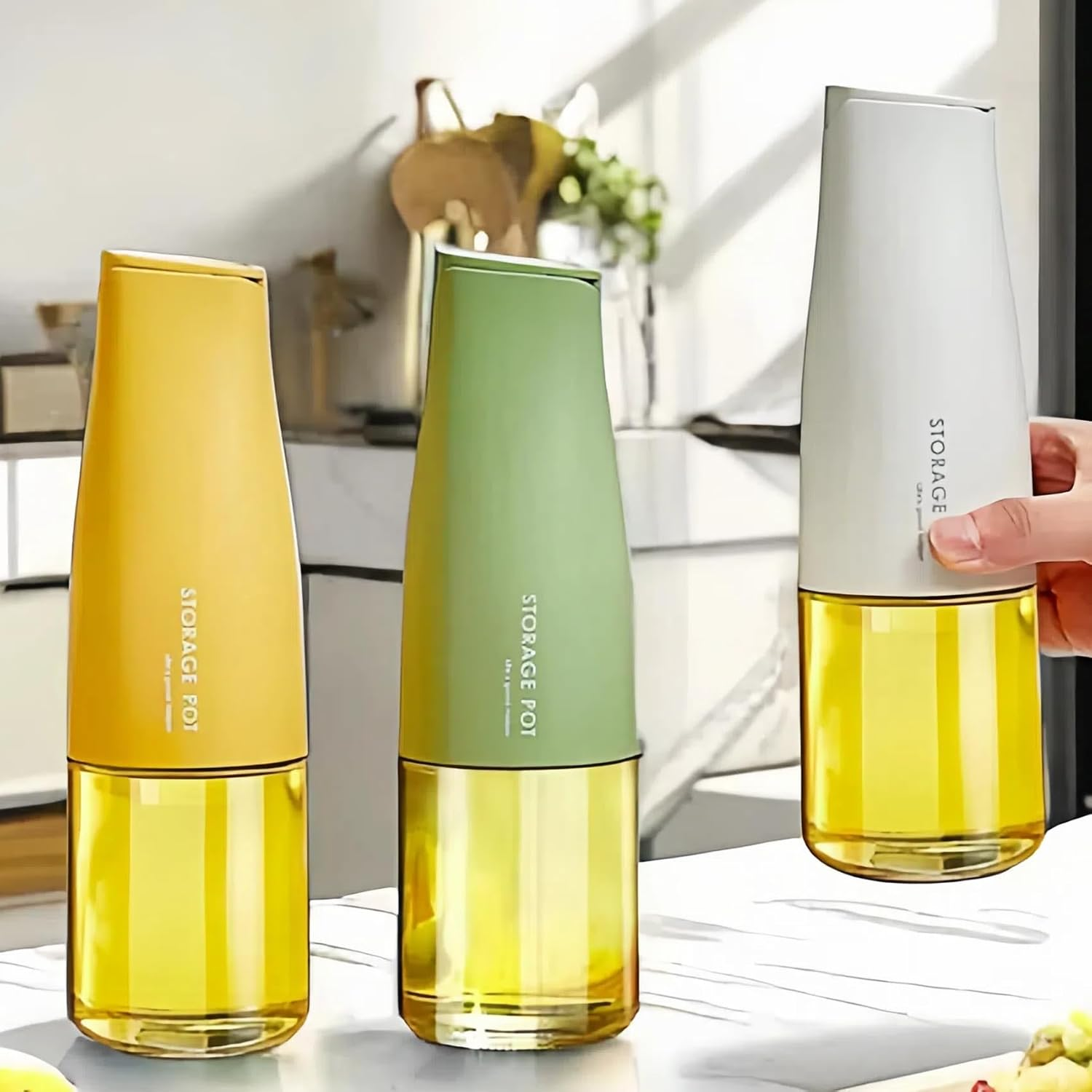 3 Set Olive Oil Dispenser, 500Ml Kitchen Oil and Vinegar Soy Sauce Dispenser Bottle,Auto Flip Non-Drip Oil Container,Wide Opening Cruet with Pourer Easily Refill and Clean image number 4