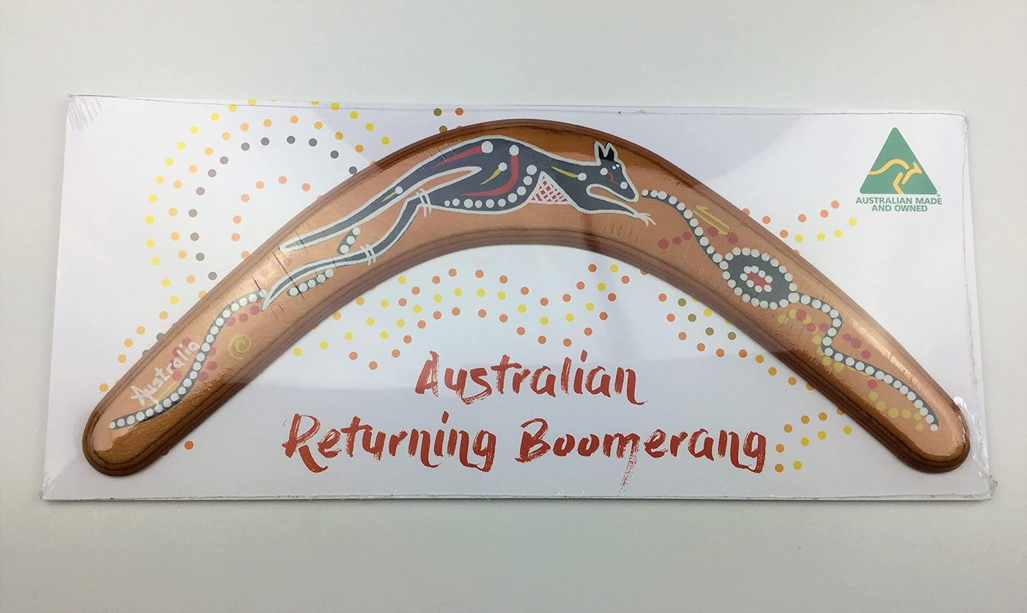 Australian Made Carded 14" Decorated Wood Throwing Boomerang - Kangaroo Design image number 4