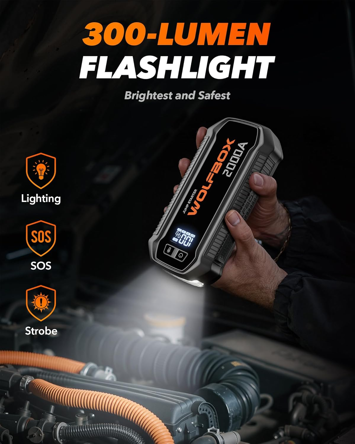 WOLFBOX Car Jump Starter 2000A, 12000Mah Battery with LED Display, Portable, 30W Fast Charge, 12V Car Battery Jump Starter Kit (7L Gasoline and 6L Diesel Engine) with Booster, LED Light, Jump Cable image number 6