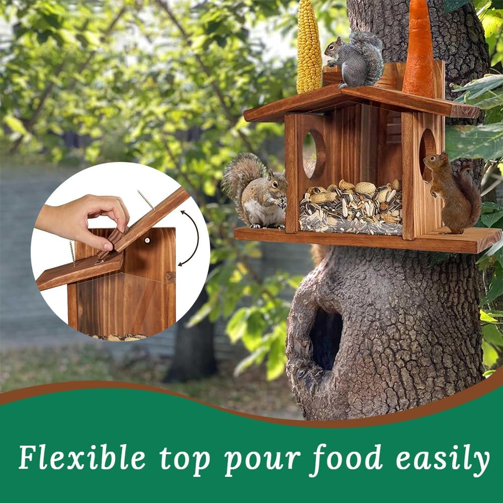 Squirrel Feeder,Wood Squirrel Feeders for outside Winter,Animal Feeder,For Corn, Peanuts, Durable Box, Easy to Fill,Proof, with the Roof Can Be Opened
