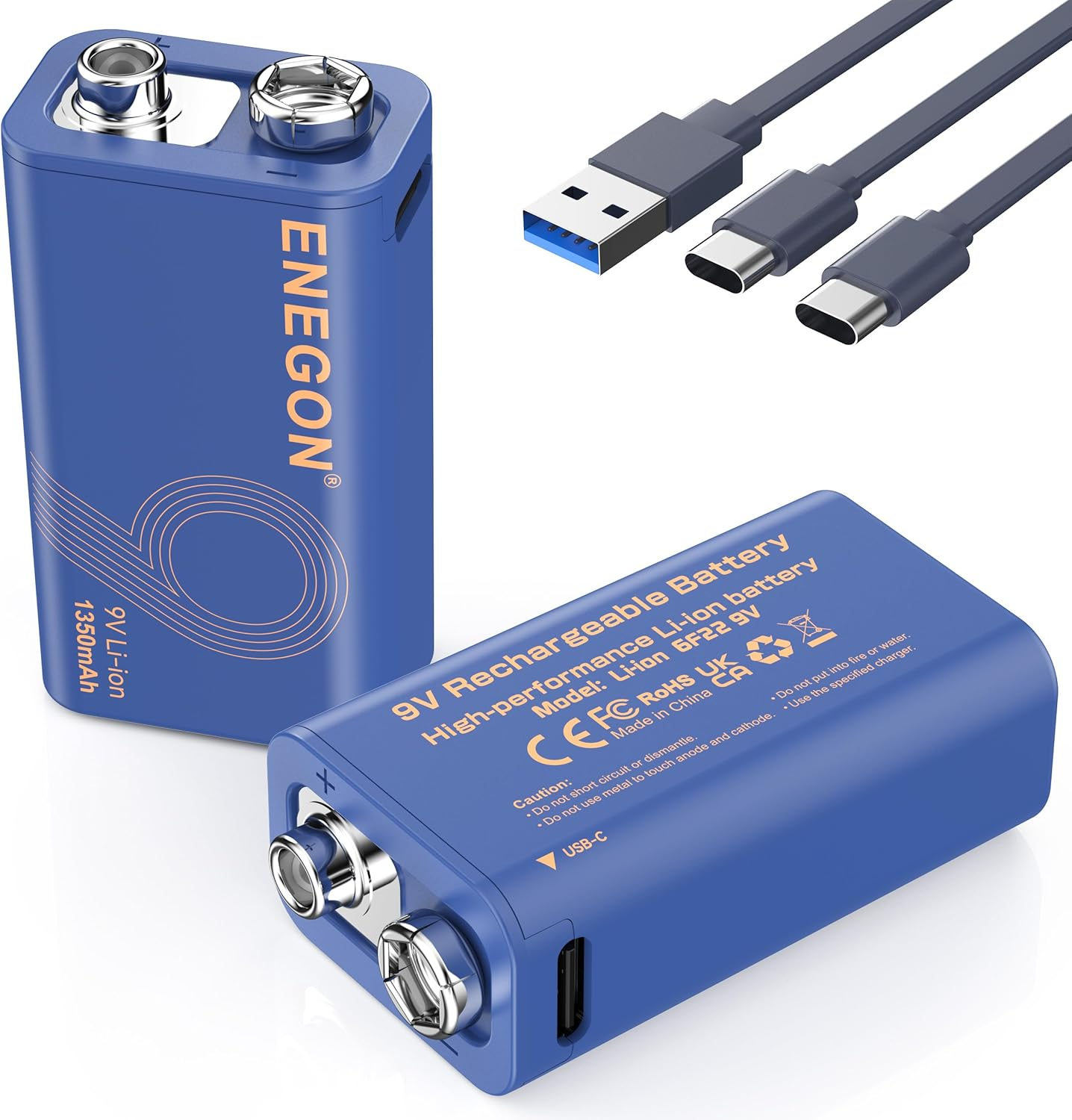 ENEGON 9V 2Pack Rechargeable Battery 5000Mwh (1350Mah) with Type-C Charging, 3 Hours Full Charge, LED Indicator, High Capacity Li-Ion Battery for Smoke Detectors, Wireless Microphones and More image number 2