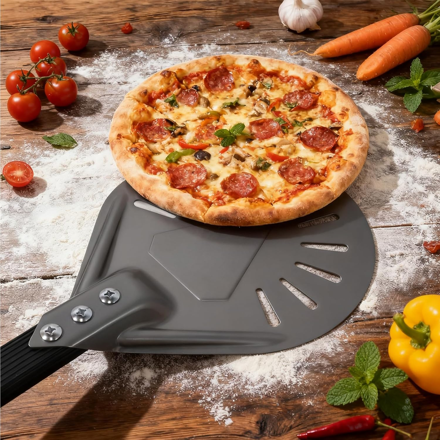 7 Inch round Anodized Aluminum Perforated Pizza Peel Turner with Metal Handle Pizza Paddle Spinner for Outdoor Pizza Oven Accessories (7 Inch) image number 1