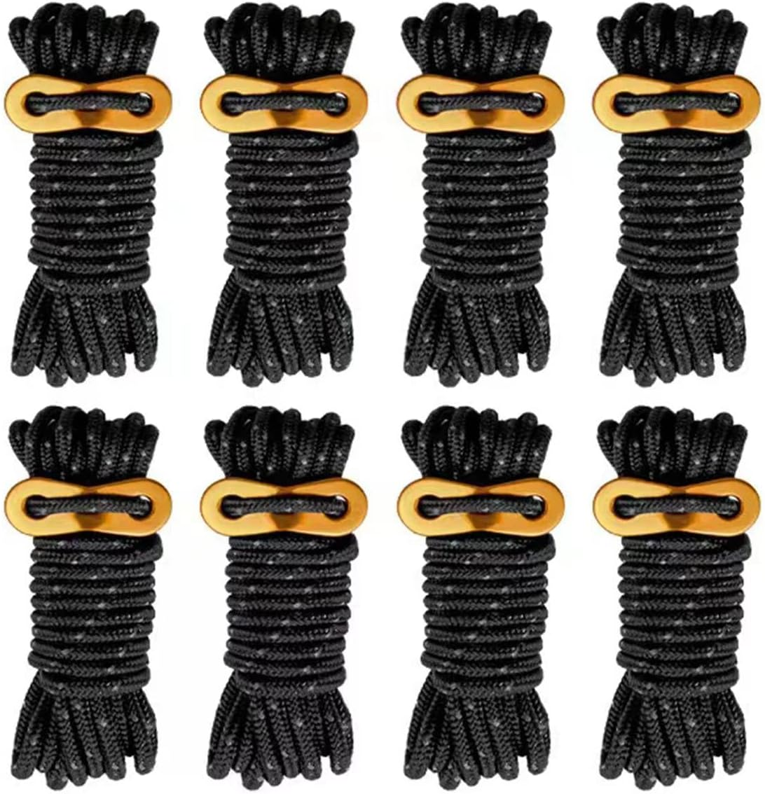 8 Pack 4Mm Guy Lines Ultralight Tent Cords with Aluminum Adjuster Tensioner Outdoor Camping Guylines Ropes for Tent Tarp,Climbing,Hiking Backpacking (Black) image number 1
