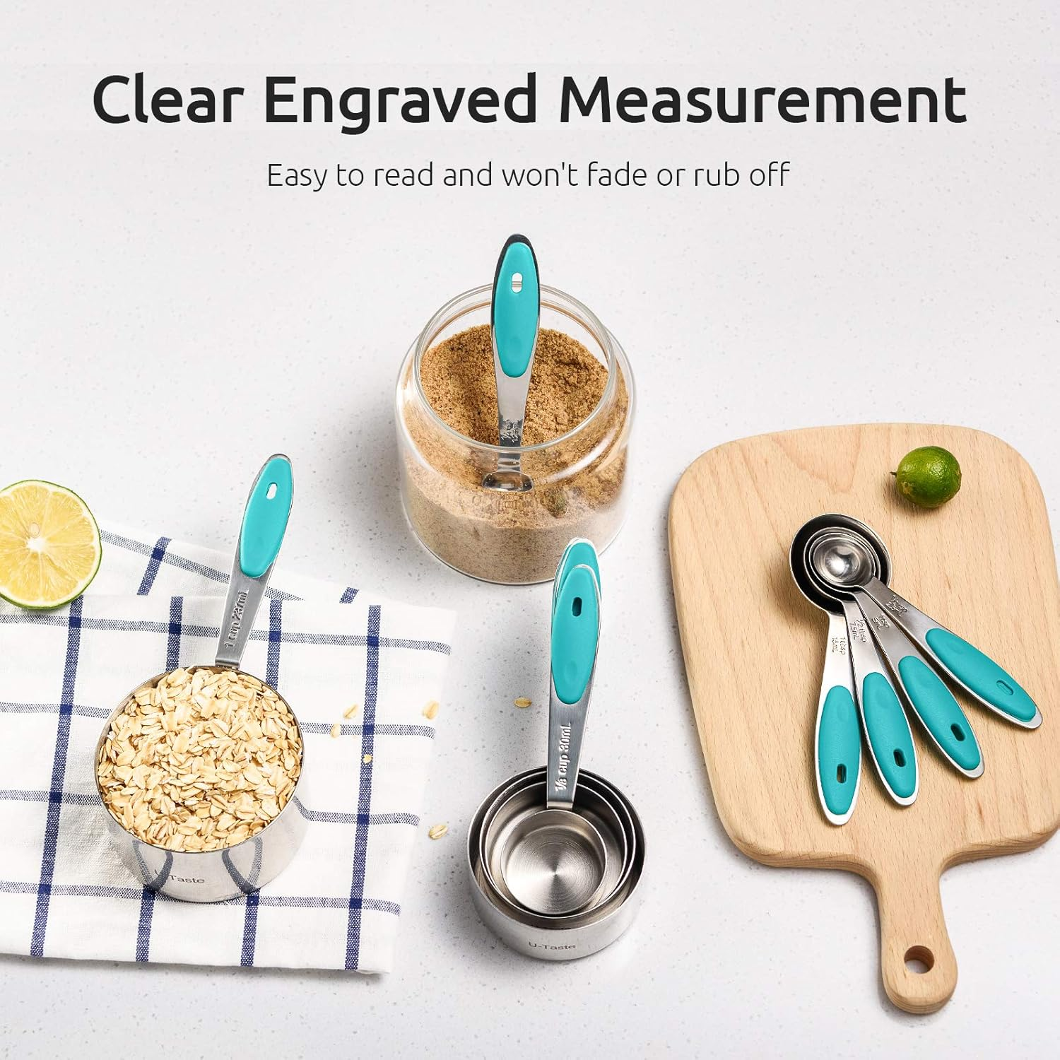Measuring Cups and Spoons Set: U-Taste 18/8 Stainless Steel 10 Pieces Metal Nesting Stacking Kitchen Baking Cooking Food Measure Set 5 Cups 5 Spoons for Dry and Liquid Ingredient (Teal/Turquoise) image number 4
