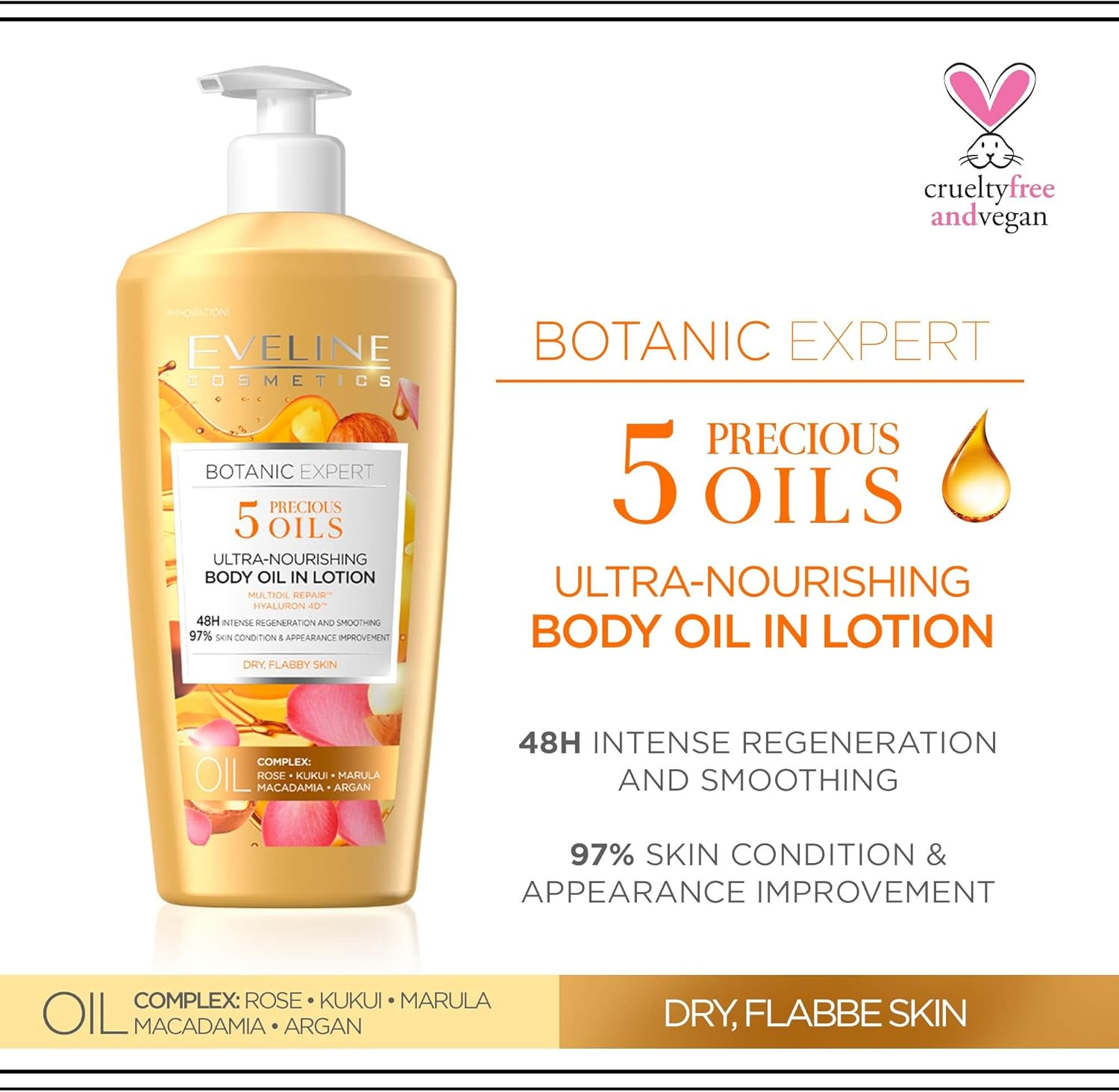 Eveline Cosmetics Botanic Expert Ultra Nourishing Body Balm Oil with Argan, Macadamia, Marula Oils - Deep Hydration & Radiance - 350 Ml image number 6