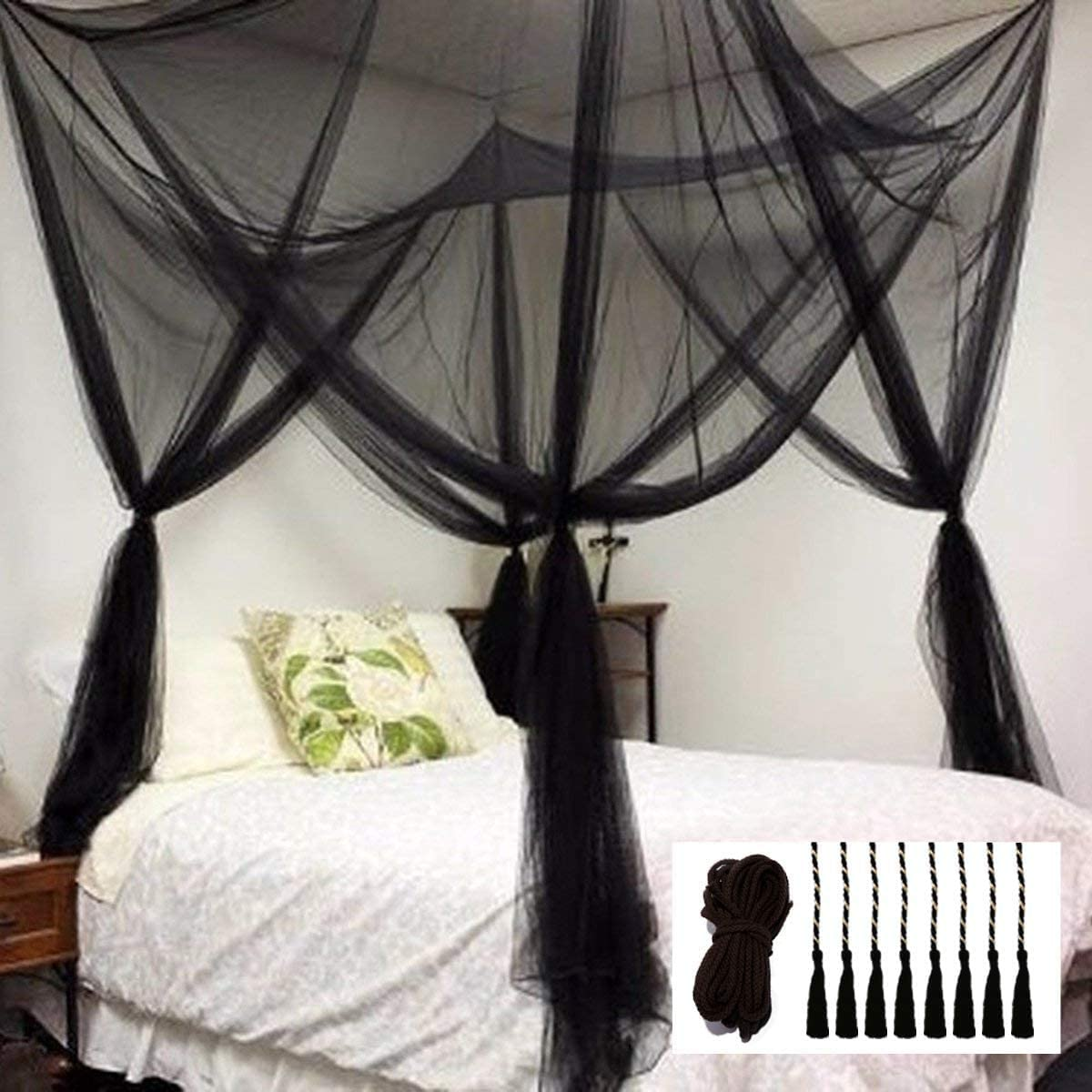 Mosquito Net for Bed Canopy, 4 Corner Post Curtains Bed Canopy Elegant Mosquito Net Set, Stick Hook &Profession Rope for Net, Screen Netting Canopy Curtains, Full/Queen/King (Black)