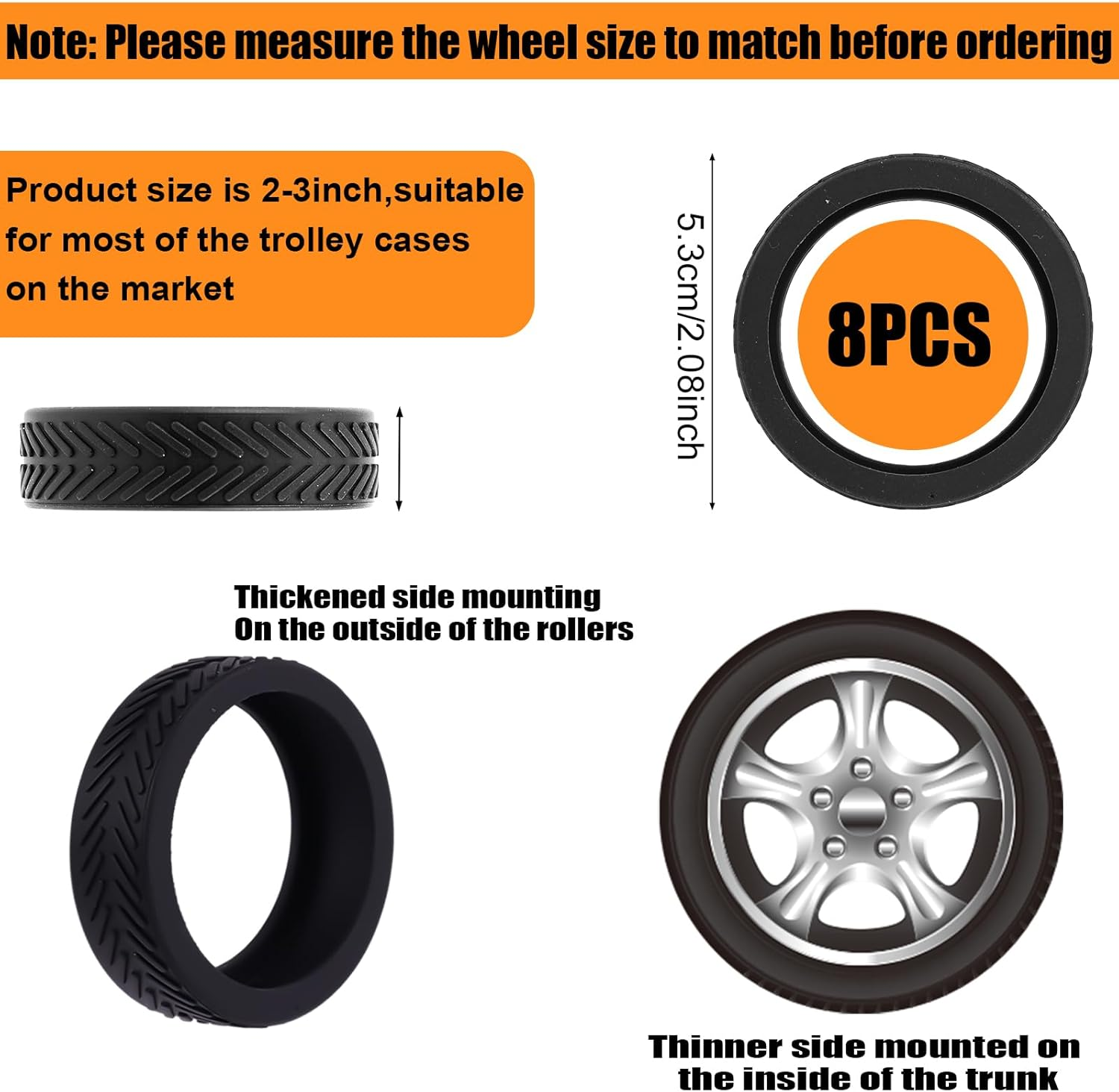 8Pcs Silicone Luggage Wheel Covers, Anti-Skid Suitcase Wheel Protector Covers Replacement, Noise-Proof Luggage Wheel Protection Caster Accessories for Most 8-Spinner Wheels Luggages, Black, image number 3