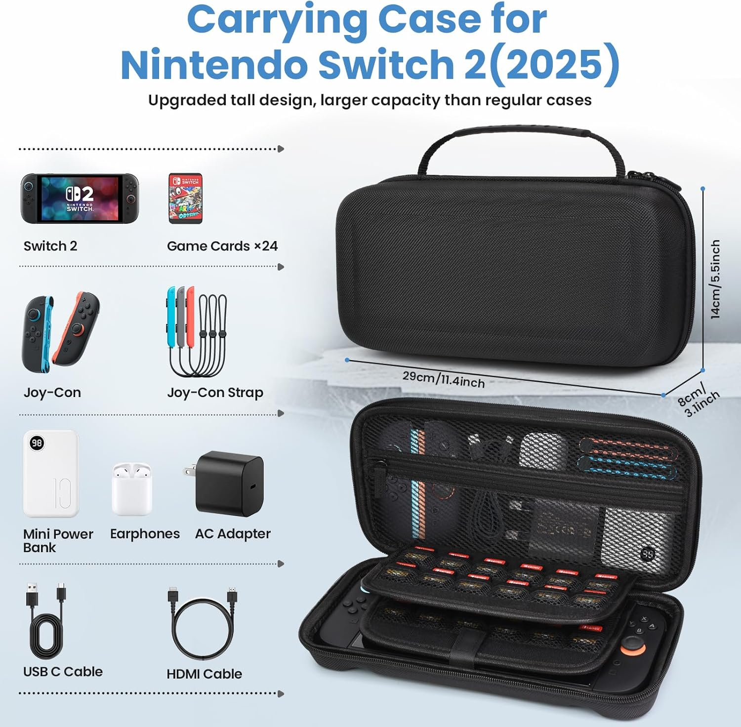 THRAU Nintendo Switch 2 Carrying Case Larger Capacity Hard Shell Travel Pouch with 2 Screen Protectors, Thumb Grips, 24 Game Card Slots for Switch 2 Console & Accessories (Larger Version) image number 5