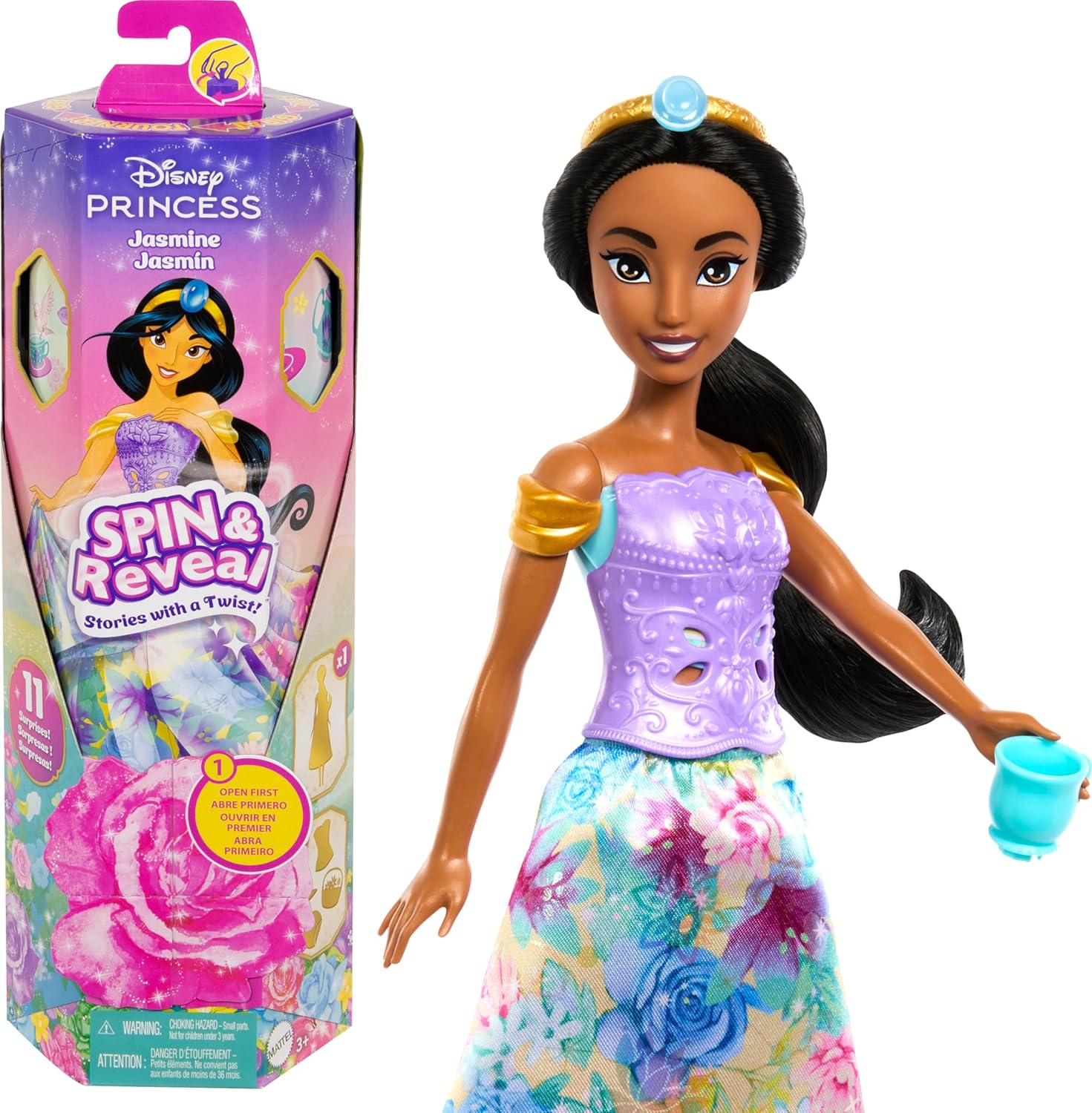 Mattel Disney Princess Jasmine Fashion Doll Set, Spin & Reveal with 11 Surprises Including 5 Accessories, 5 Stickers & Play Scene, Inspired by Movie image number 1
