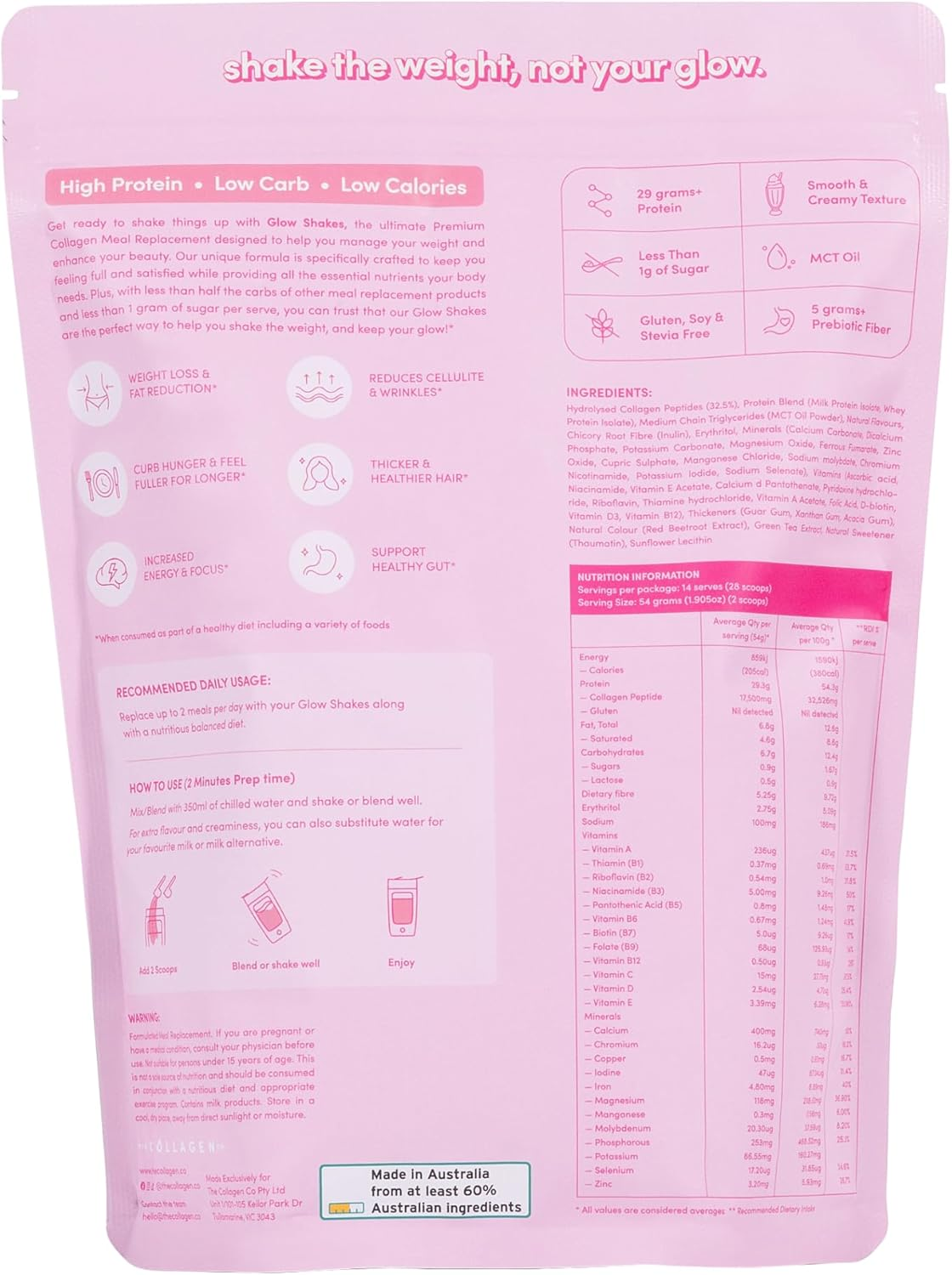 The Collagen Co. Glow Shakes Collagen Meal Replacement - High Protein, Keto-Friendly Shake with Hydrolyzed Collagen Peptides, MCT Oil, and 24 Essential Vitamins & Minerals (756 Grams, Strawberry)