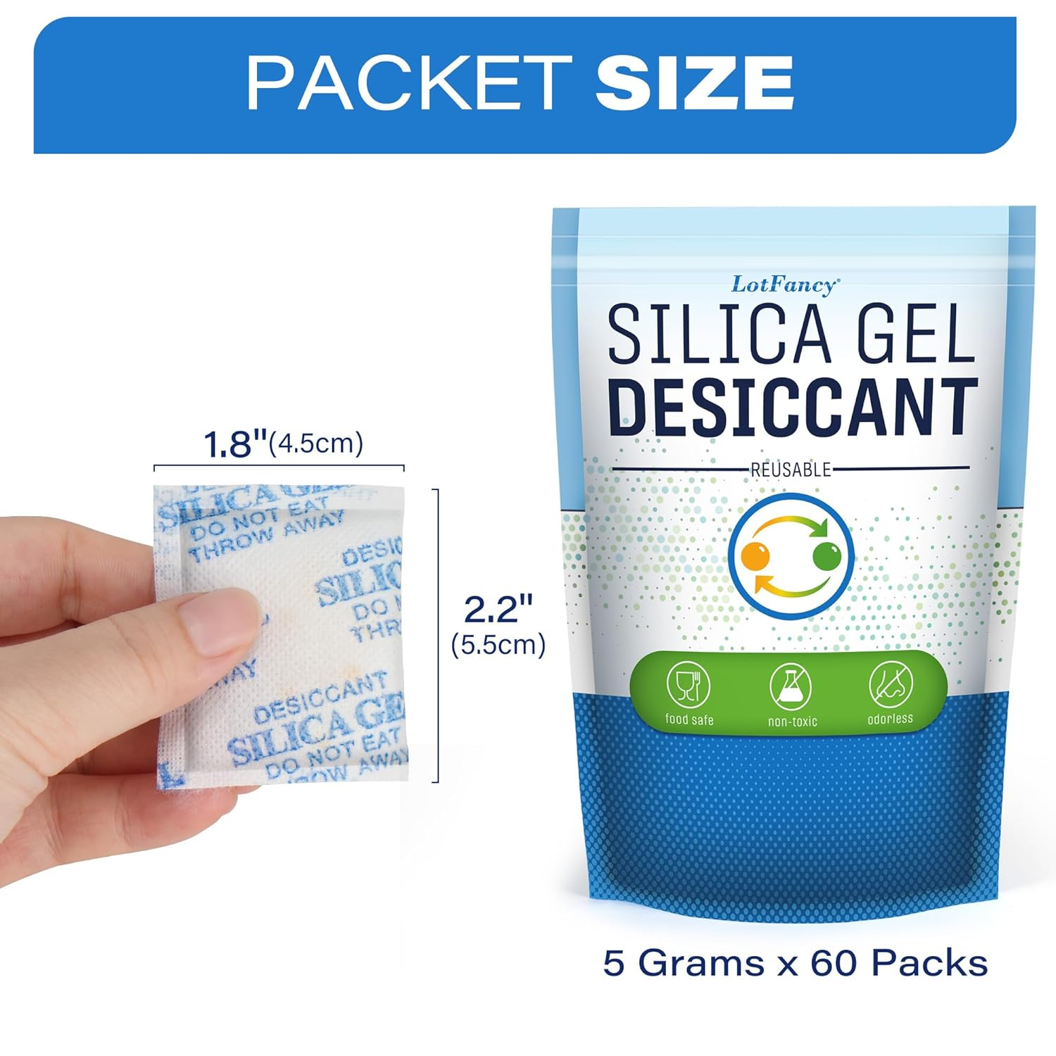 Lotfancy 60Packs, 5G, Silica Gel Dehumidifier, Desiccant, Food Safe, Odorless, Non-Toxic, Rechargeable, Moisture Absorber for Gun, Document, Cabinet Storage, 2.1Inx1.7In image number 2
