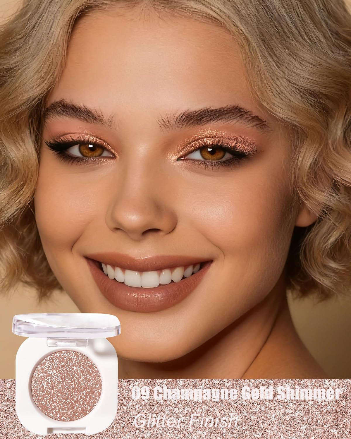 Glitter Eye Shadow Champagne Gold, Sheer Pearl Glowy Single Eyeshadow Palette, Waterproof, Durable, Fine Texture & Blendable, Diamond Shimmering Eyeshadow Highlighter Palette Eye Make-Up 09 image number 3