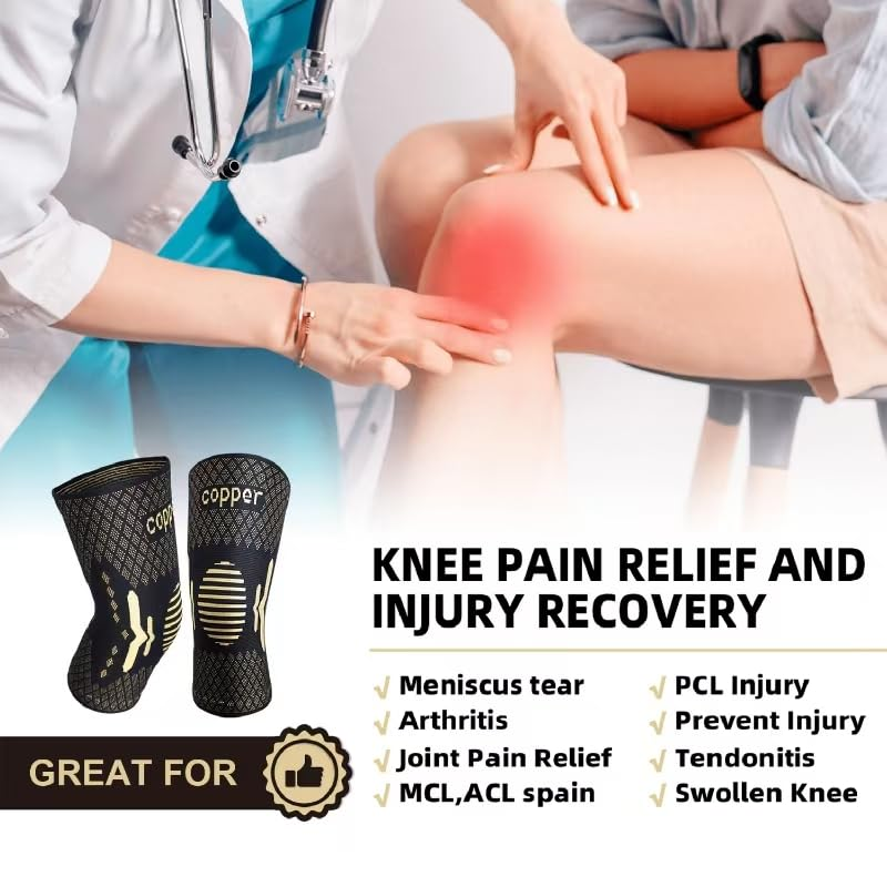 Copper Knee Braces for Knee Pain Women & Men - 2 Pack Knee Brace Compression Sleeve, Best Knee Support for Arthritis Pain,Meniscus Tear, Running,Working Out,Acl,Mcl,Pain Relief image number 2