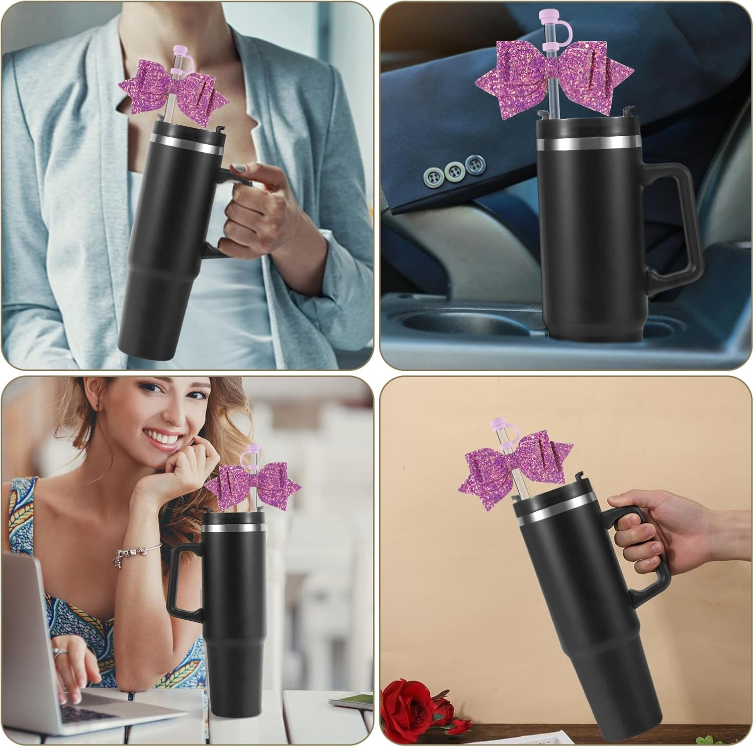 2Pcs Bow Charms & 2Pcs Straw Toppers, Cute Straw Lid Cover Caps Decorations Decor Accessories for Stanley Cup (Purple) image number 3