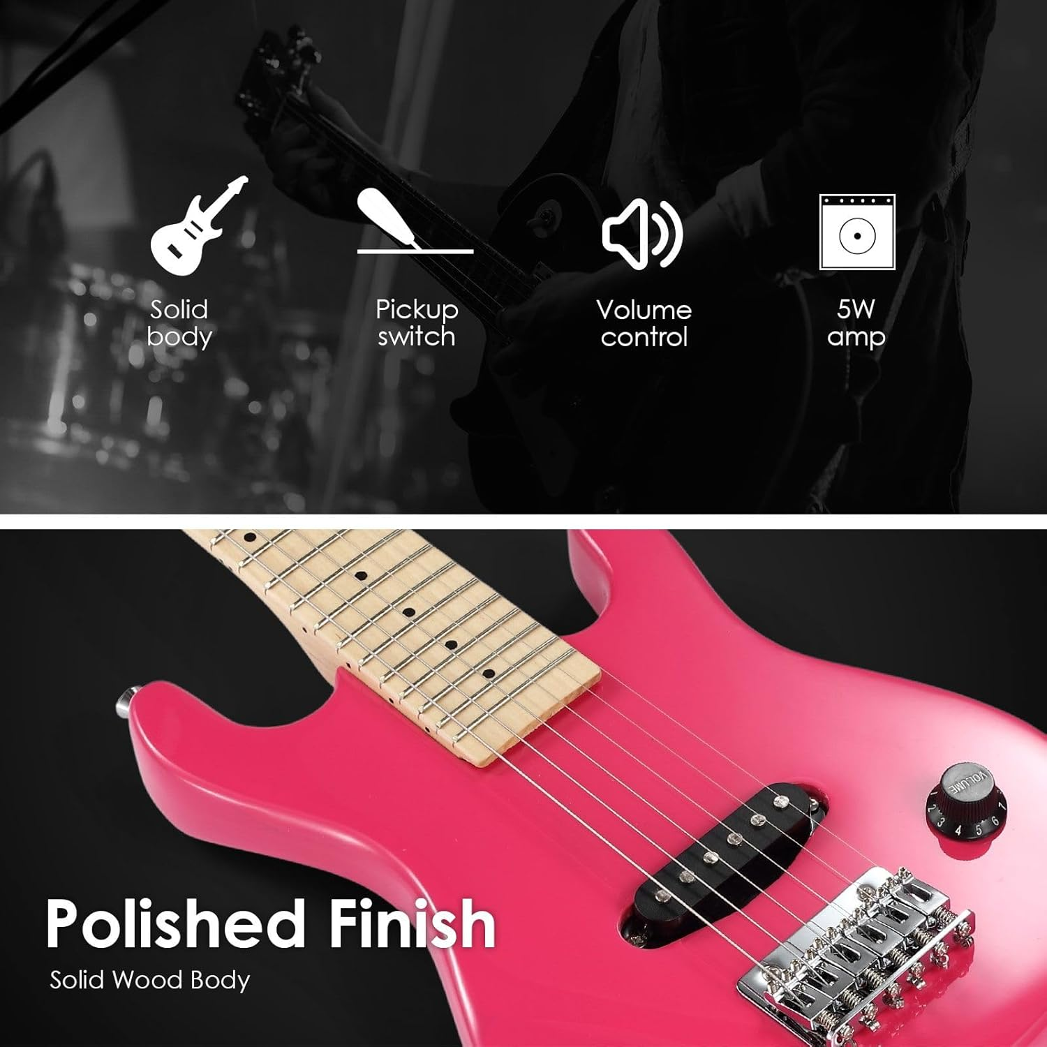 Melodic 30 Inch Guitar Children Kids Electric Guitar Musical Instrument W/ 5W Amp Picks Gig Bag Pink