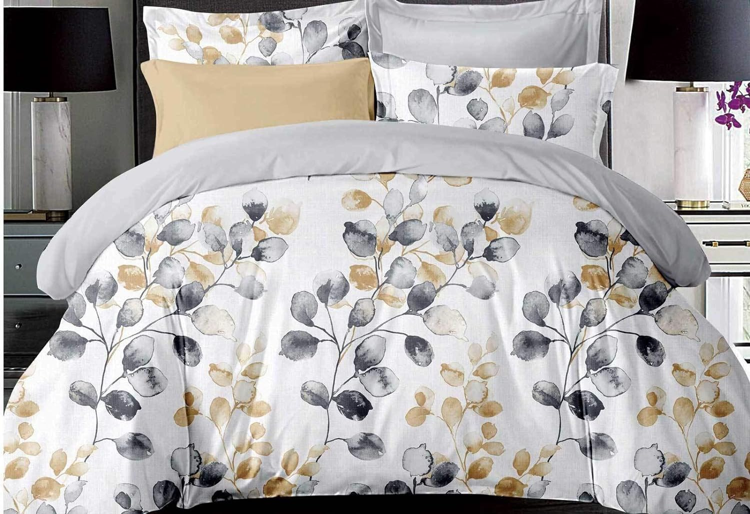 Luxton Idina Leaf Quilt Cover Set, 3Pcs Gold Grey Watercolor Queen Size
