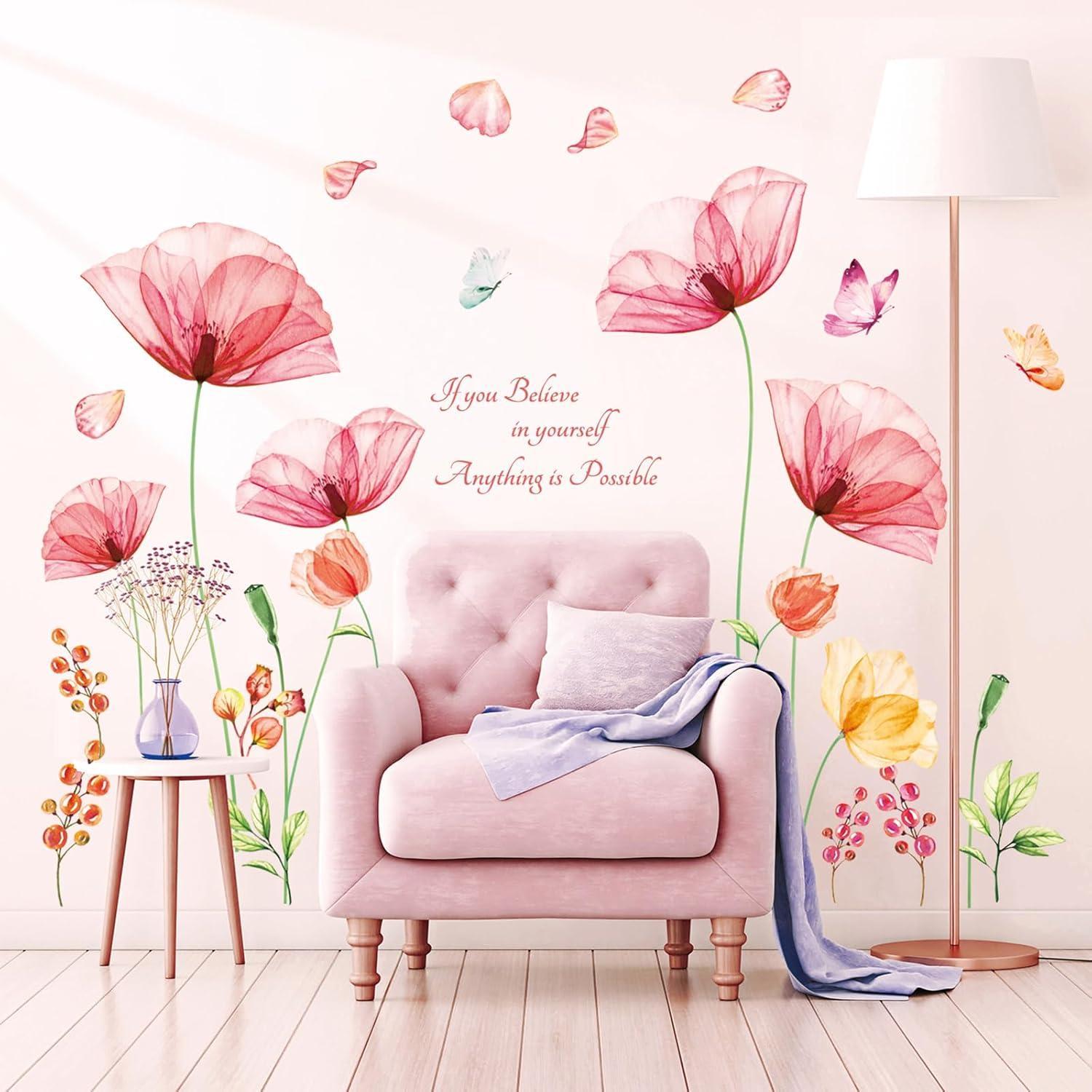 DECOWALL SG2-2206 Light Pink X-Ray Flowers Wall Decals Stickers Kids Peel and Stick Removable Nursery Room Floral Bedroom Living Peony Art D&eacute;cor Watercolor Butterfly Girls Decoration Rose Home DIY