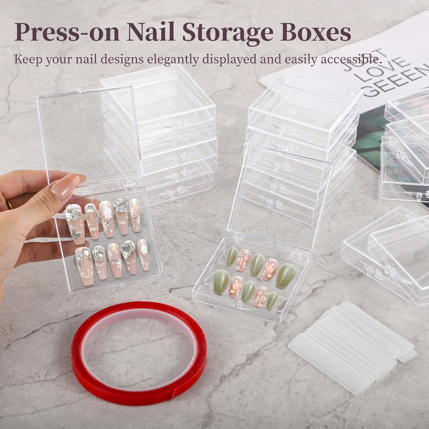 YOFAPA 50 Pcs Press-On Nail Storage Boxes, Clear Acrylic Nail Containers with Double Sided Tapes & Display Strips, Artificial Nail Storage Cases, Transparent Nail Organizers for Nail Art Display image number 3