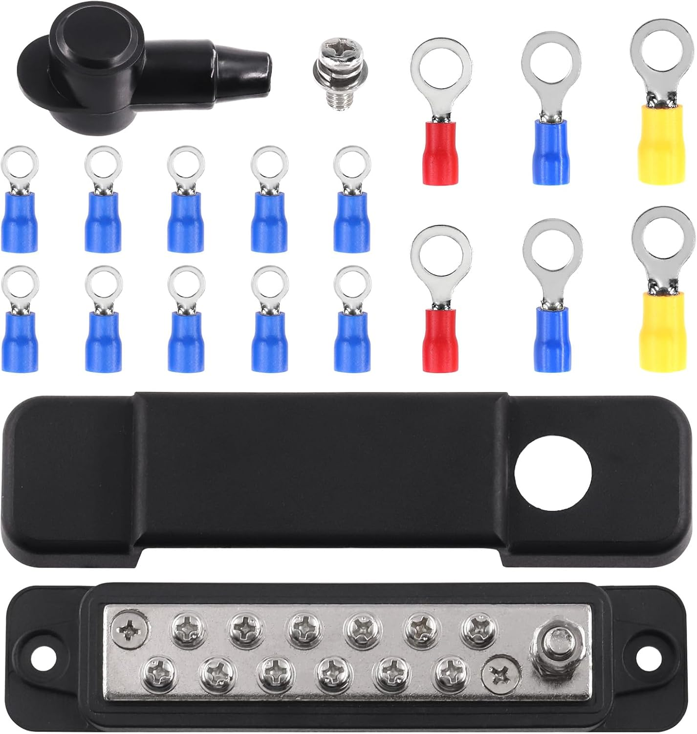 Tanstic 12 Terminal Power Distribution Block with Ring Terminals, 12 Terminals Bus Bar-1/4 Stud, 12 X M4 (#8) Terminal Screws, Black image number 5