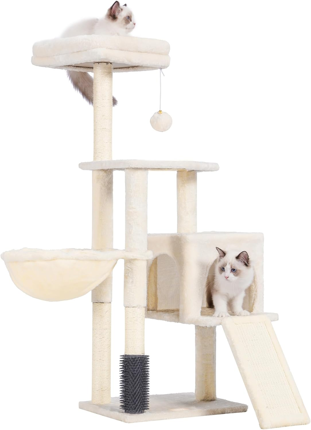 Heybly Cat Tree with Cat Self Groomer Brush, Cat Tower Condo for Indoor Cats with Padded Plush Perch,Cat House with Basket Scratching Board Post, Smoky Gray HCT005SG