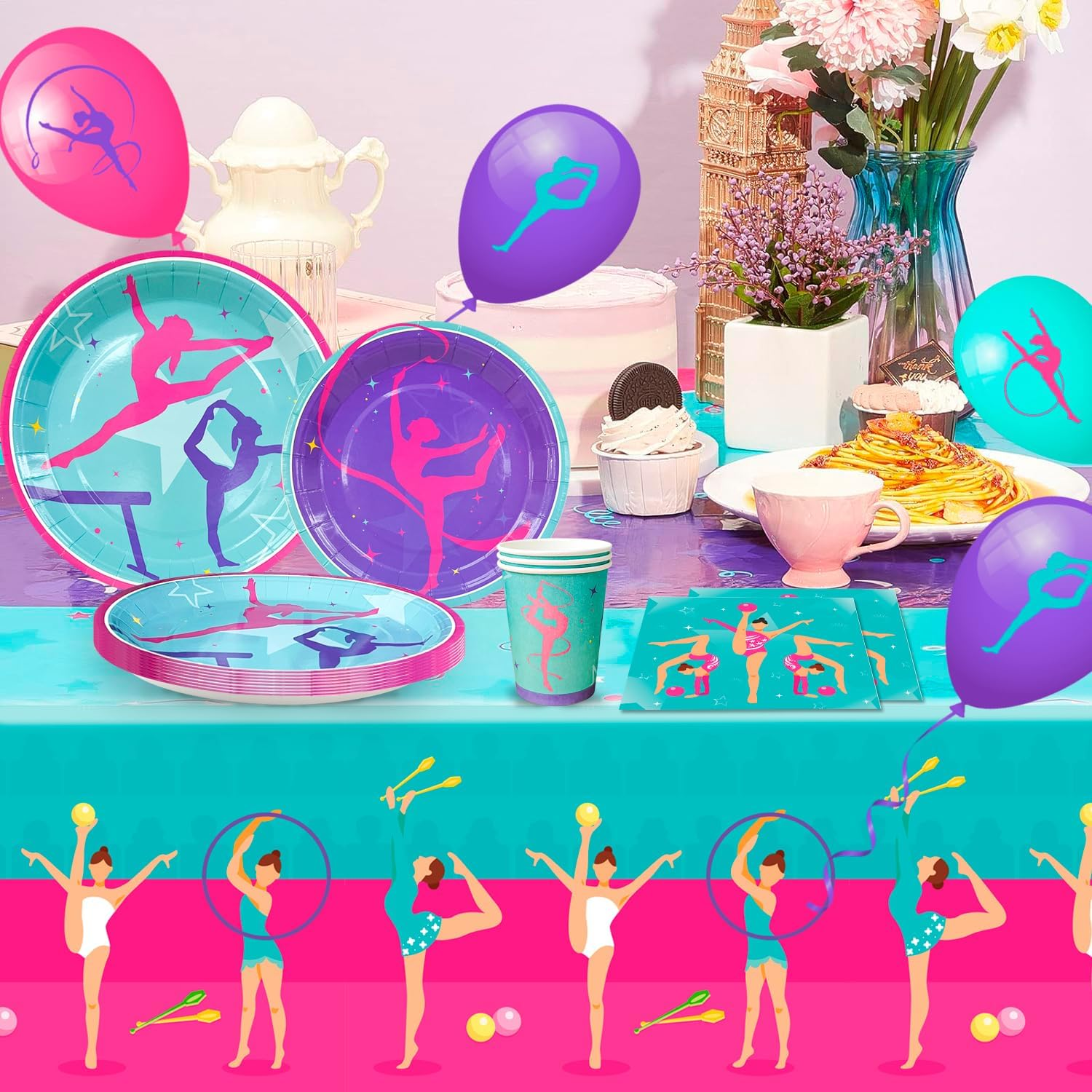 Gymnastics Birthday Party Supplies, Gymnastics Party Decorations Tableware Kit Gymnastics Plates and Napkins Cups Tablecloth Balloons Banner Etc Gymnastics Decorations for Birthday Party, 16 Guests image number 2