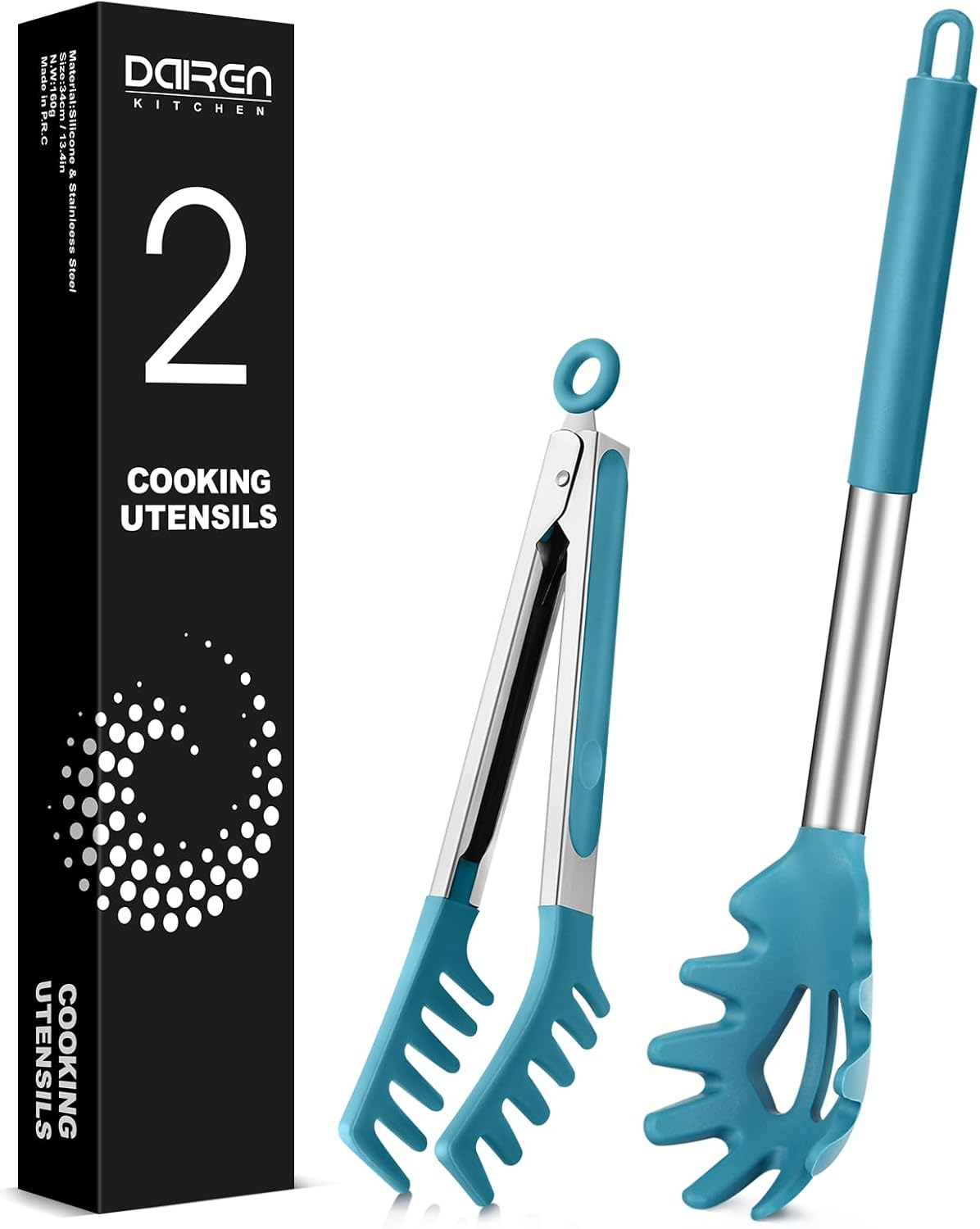 Spaghetti Spoon and Pasta Tong, Non-Stick Silicone Spoon Server Fork with Teeth and Stainless Steel Handle, Food Clip for Noodles (Grey)