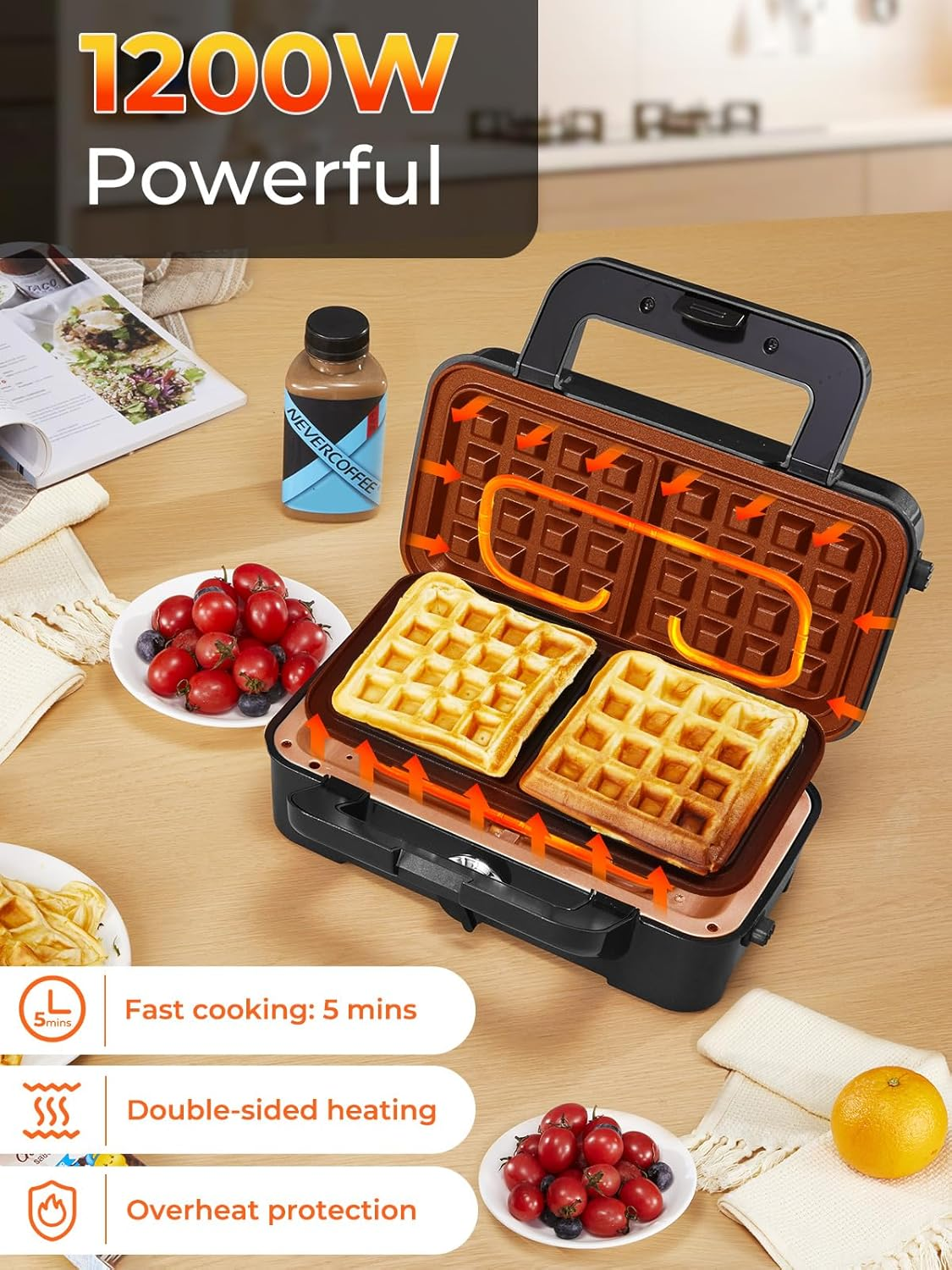 Sandwich Maker 1200 Watt Waffle Iron Sandwich Toaster 3 in 1 (Sandwich, Waffle, Grill Plate), Housnat Contact Grill with 5-Speed Temperature Control and Non-Stick Coating Plates, LED Display image number 5