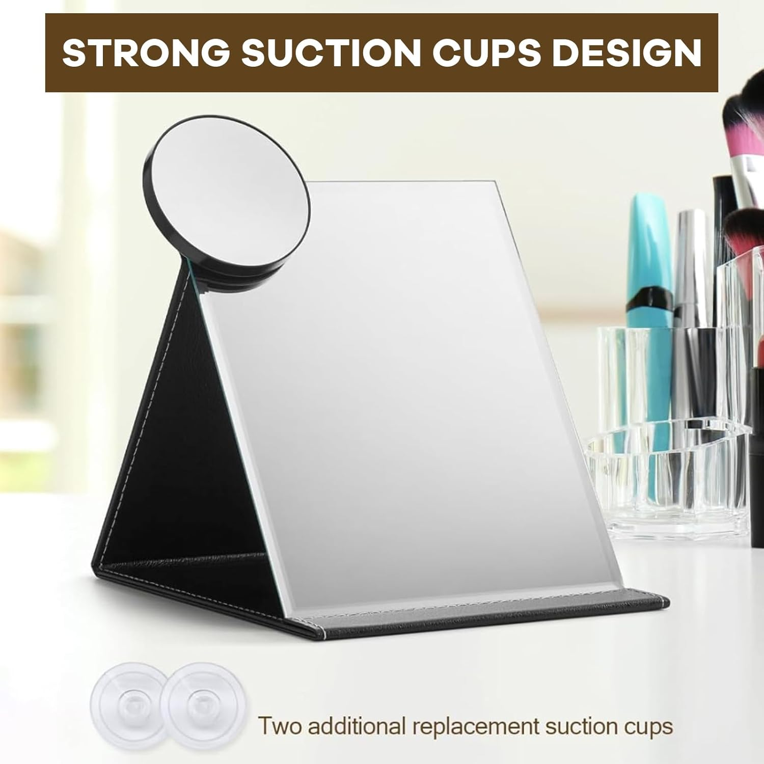 40X Magnifying Mirror with 2 Suction Cups, 9 Cm Compact Makeup Mirror & Slant Tweezers, Portable for Travel, Black image number 6