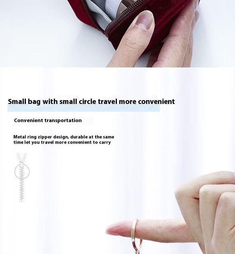 A Portable Beauty Companion This Burgundy Suede Hanging Bag Effortlessly Holds Items Such as Lipsticks and Earrings.