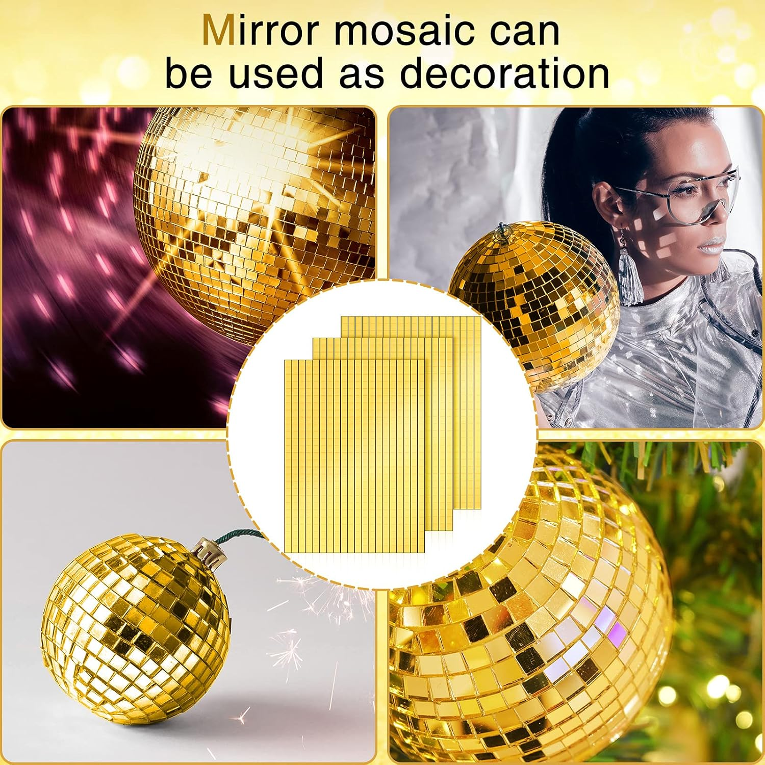 Geiserailie 3600 Gold Disco Ball Mirror Tiles, Self-Adhesive Real Glass Mosaic Tiles, DIY Craft & Decoration, Peel & Stick, Modern Style, 15 X 10 Cm / 5.9 X 3.9 Inch, 0.2 Inch Thick, 3600 Pieces image number 3