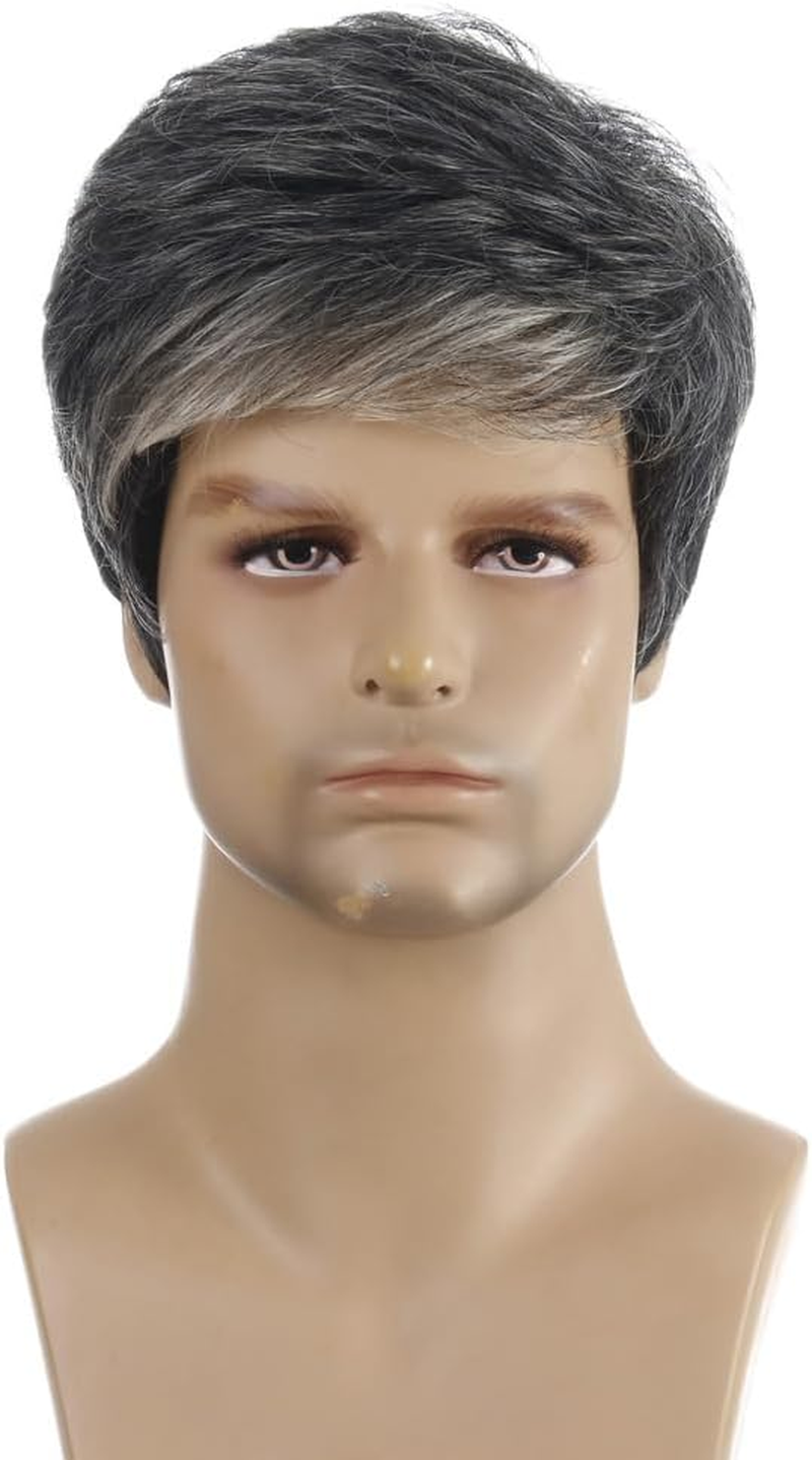 AUBWIG Men'S Black Brown Mixed Light Blonde Wigs Short Hair with Blonde Strands Natural Smooth Fluffy with Fringe Tiered Synthetic Wig for Male Everyday Use image number 3