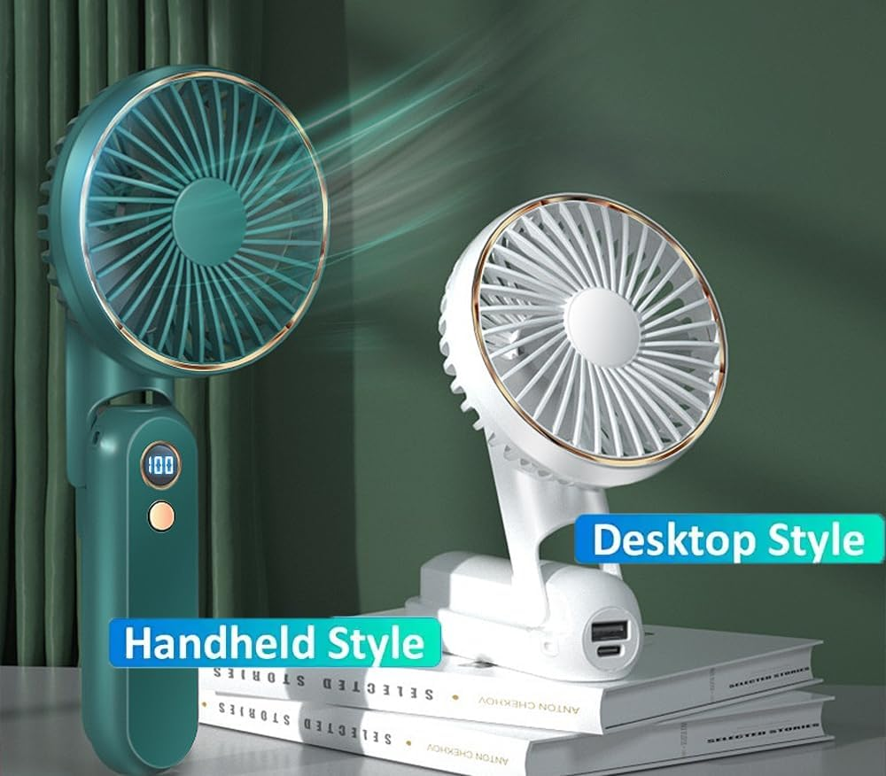 H HOME-MART 3 in 1 Portable Handheld Fan, Portable Fan Rechargeable, 180&deg; Adjustable, 5 Speed Wind, Display Electricity in Real Time, USB Rechargeable Foldable Fan, Quiet Personal Fan (Black) - White image number 2