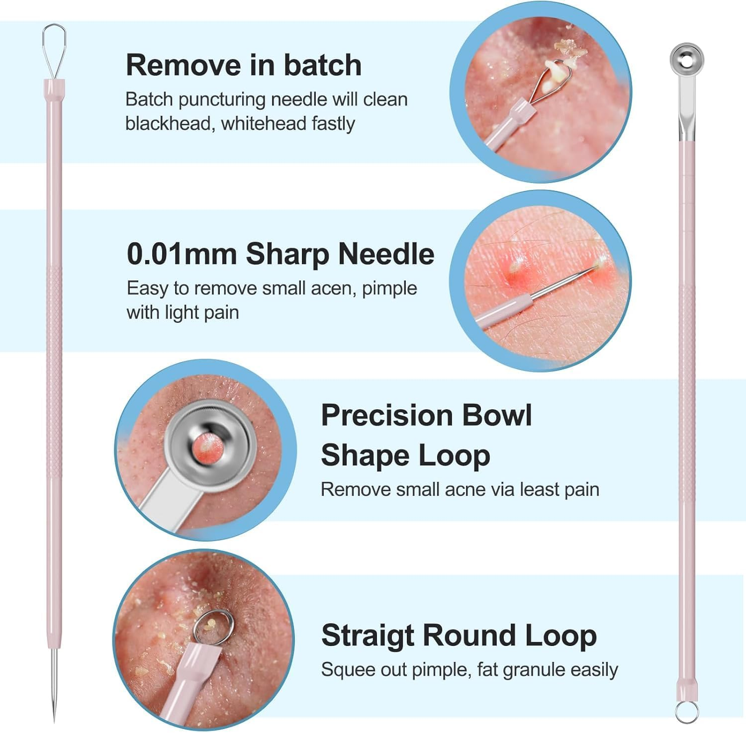 5 PCS Pimple Popper Tool Kit Blackhead Remover Tools, Acne Tools, Black Head Remover for Face, Risk Free Treatment Pimple Extractor with Tweezers,Premium Stainless Steel image number 3